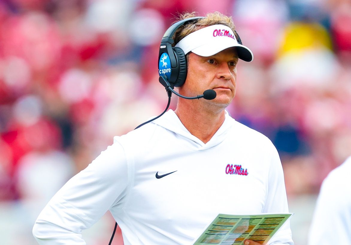 Ole Miss Rebels head coach Lane Kiffin reacts during the second half against the Oklahoma Sooners at Gaylord Family-Oklahoma Memorial Stadium.