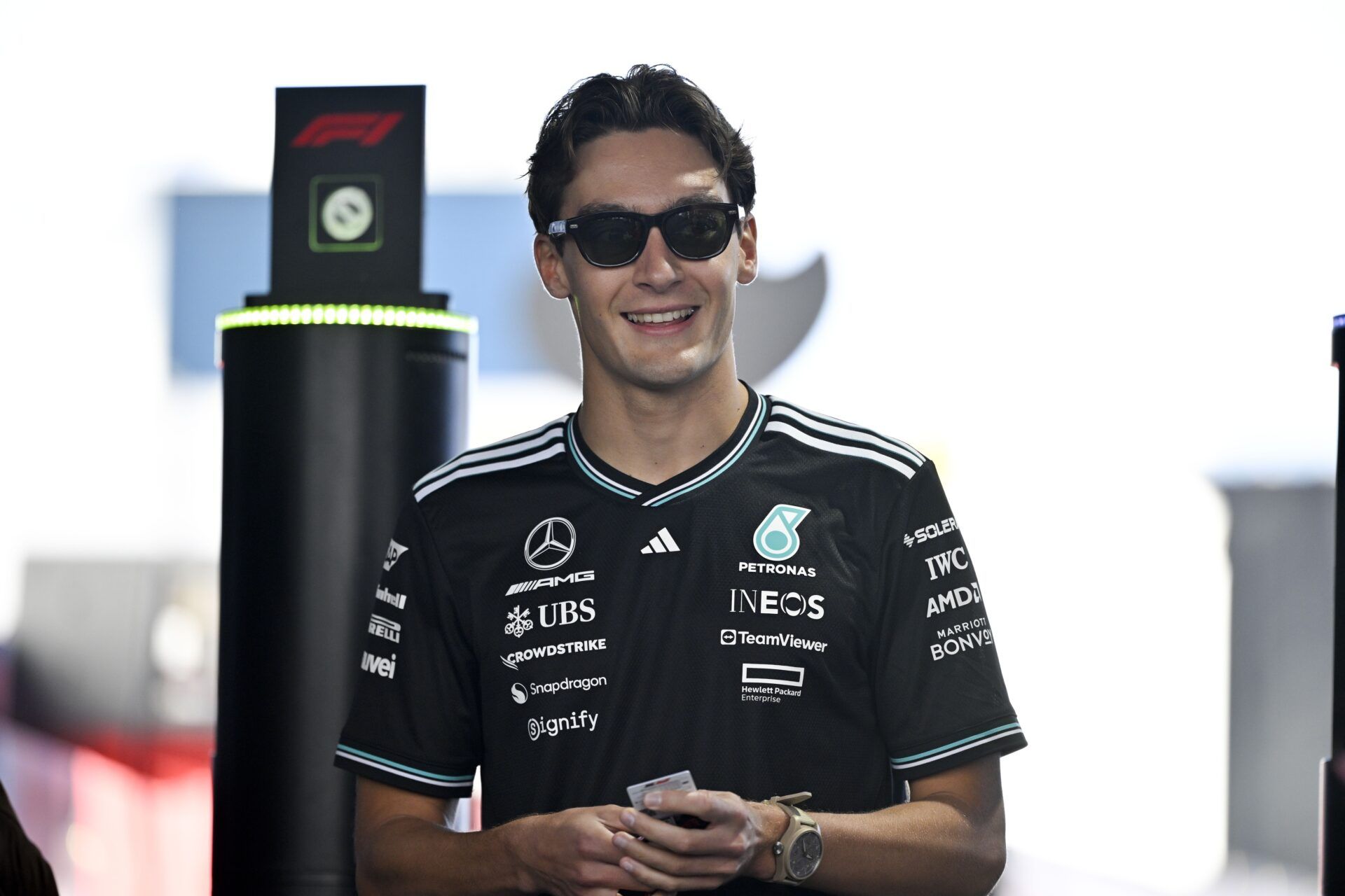 Austin, TX, USA; Mercedes AMG Petronas driver George Russell (63) of Team Great Britain arrives at the track before the start of the 2025 US Grand Prix at Circuit of The Americas Austin.