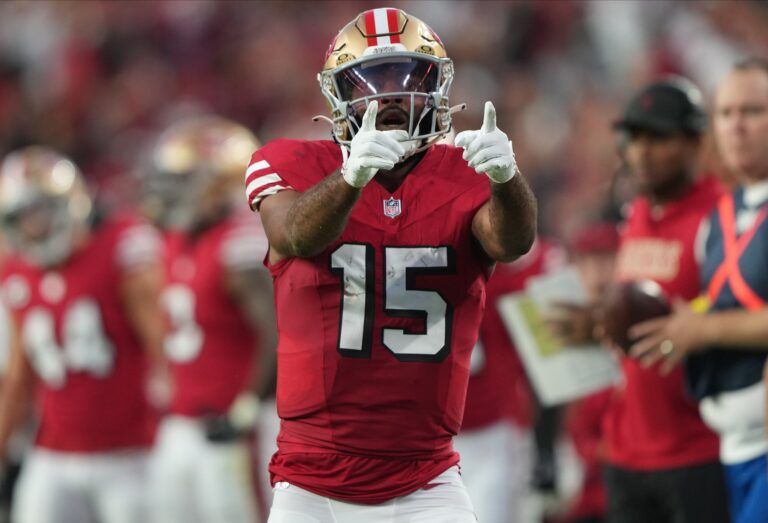 San Francisco 49ers wide receiver Jauan Jennings (15) celebrates after catching a pass for a first down during the second quarter against the Atlanta Falcons at Levi's Stadium.