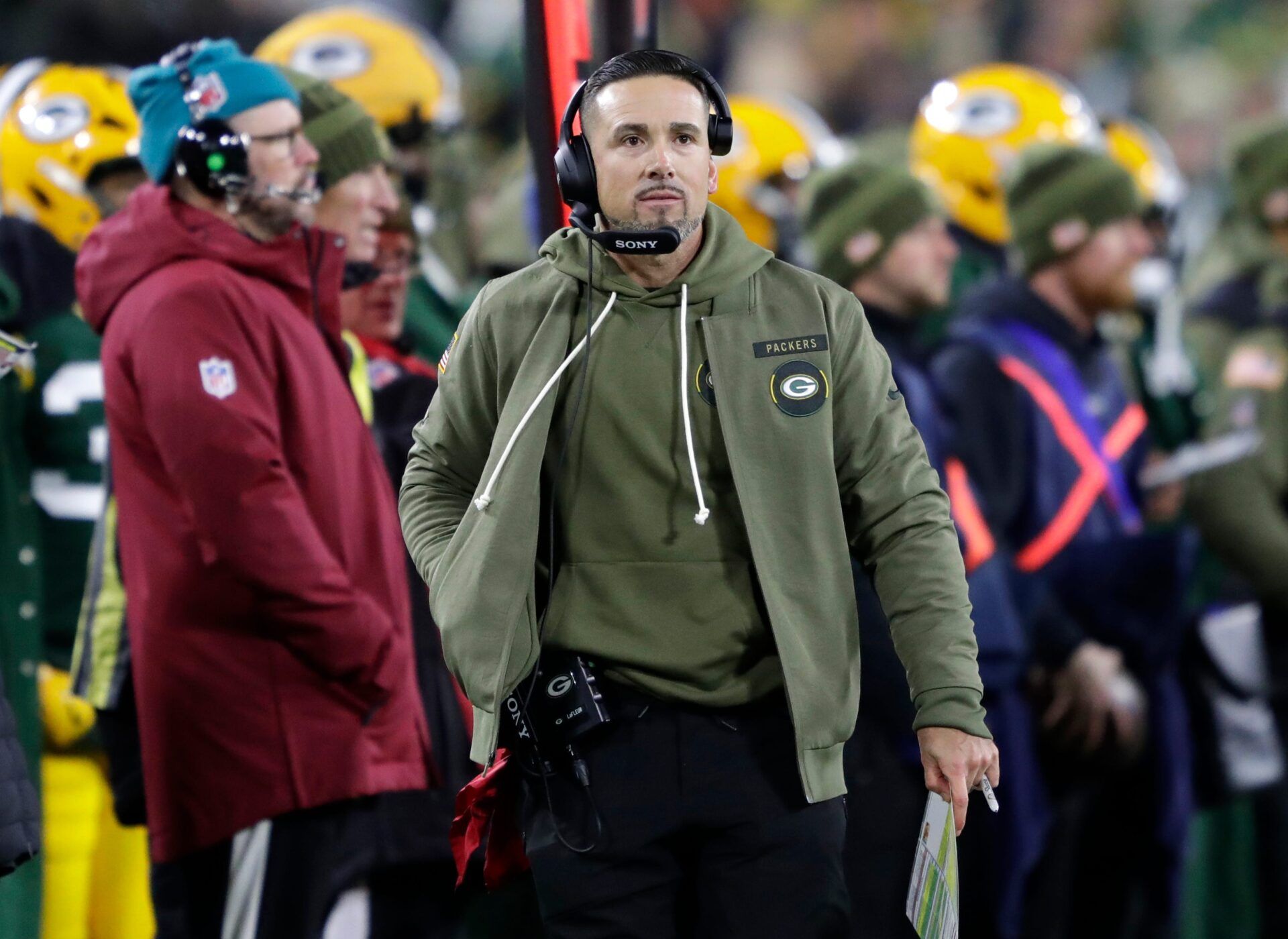 Green Bay Packers coach Matt LaFleur works the sidelines in the fourth quarter against the Philadelphia Eagles during their football game Monday, November 10, 2025, at Lambeau Field in Green Bay, Wisconsin.