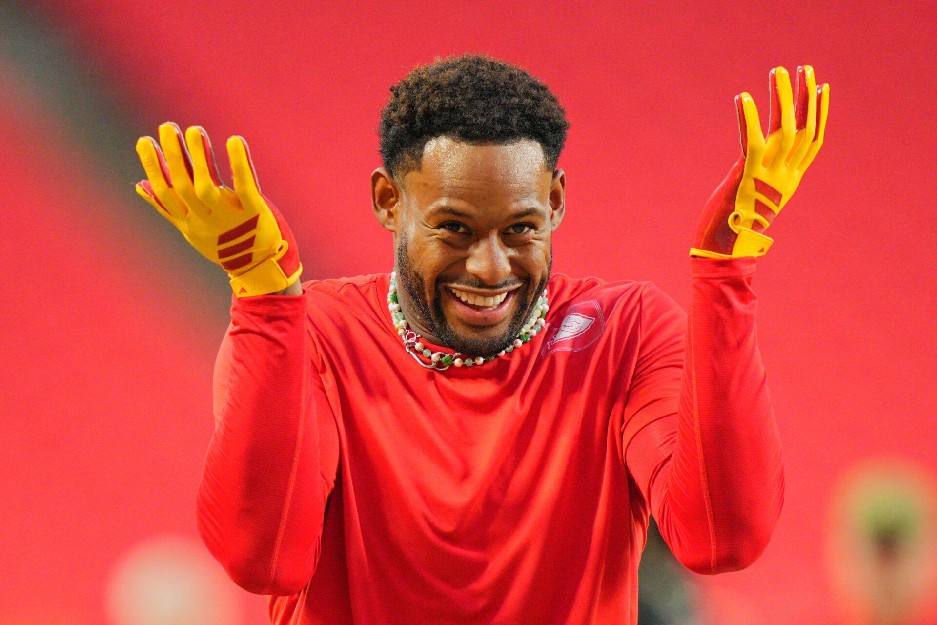 Kansas City Chiefs wide receiver Juju Smith-Schuster (9) reacts during warmups prior to the game against the Washington Commanders at GEHA Field at Arrowhead Stadium.