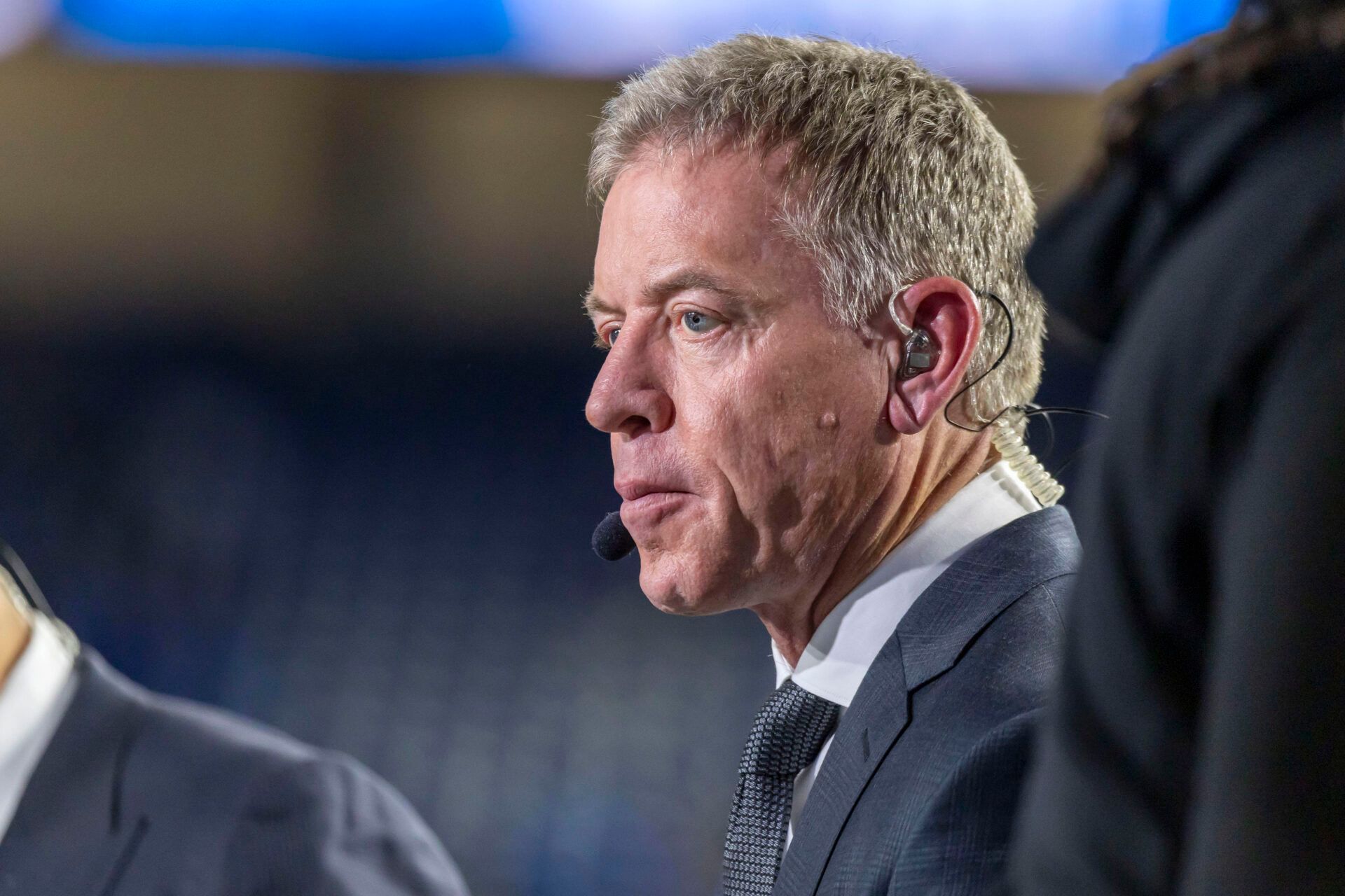 ESPN broadcaster Troy Aikman before the game between the Tampa Bay Buccaneers and the Detroit Lions at Ford Field.