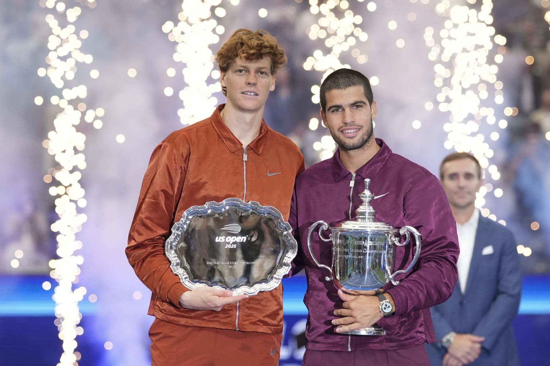 Carlos Alcaraz (ESP) and Jannik Sinner (ITA) poses for a photo after the final of mens singles at Billie Jean King National Tennis Center.
