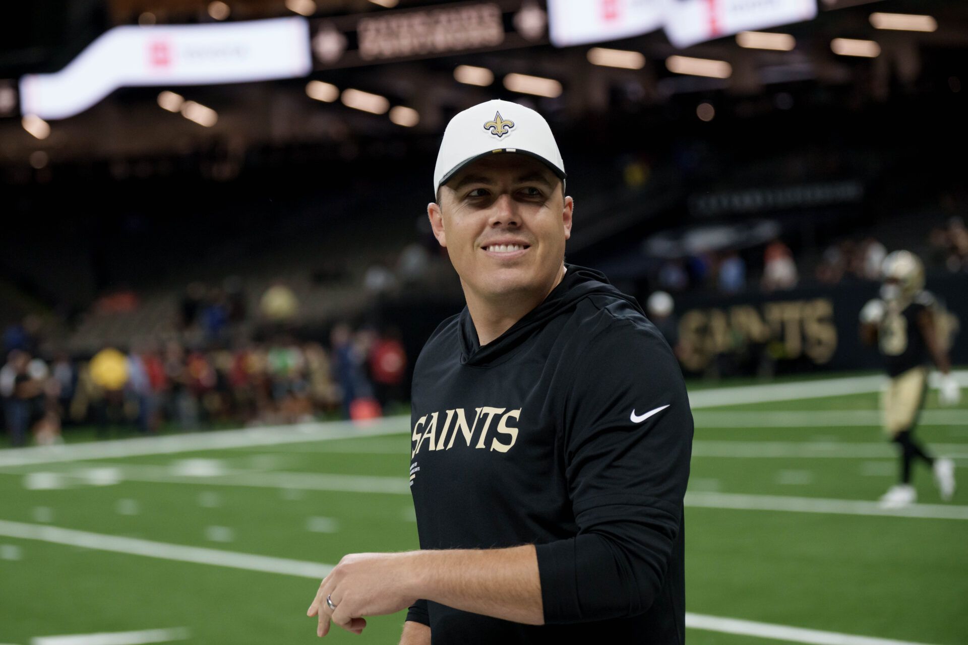 New Orleans Saints head coach Kellen Moore walks the sideline before a game against the Denver Broncos at Caesars Superdome.