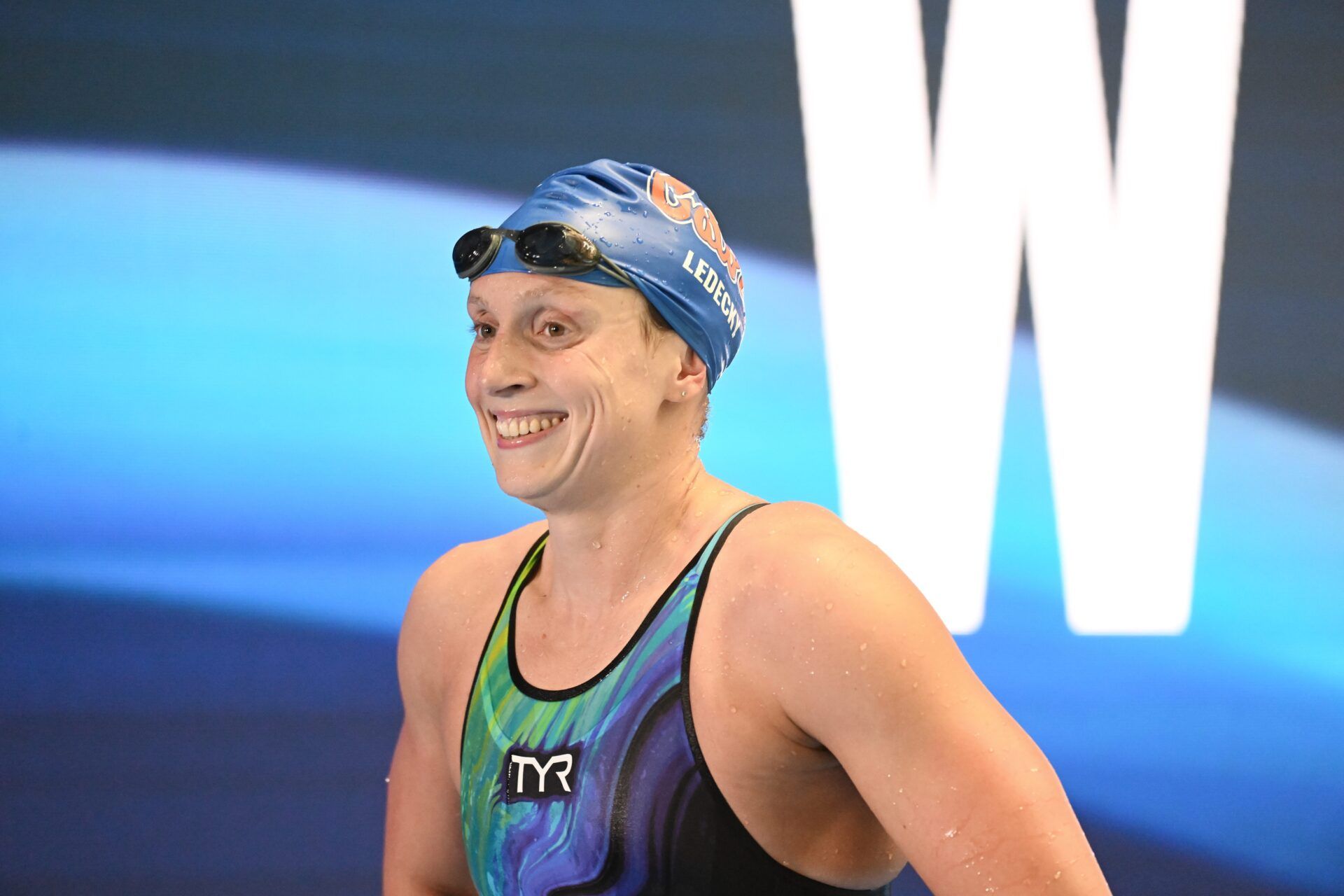 Katie Ledecky smiles after winning the women's 800 meter freestyle at the Toyota National Championships swimming meet at Indiana University Natatorium.