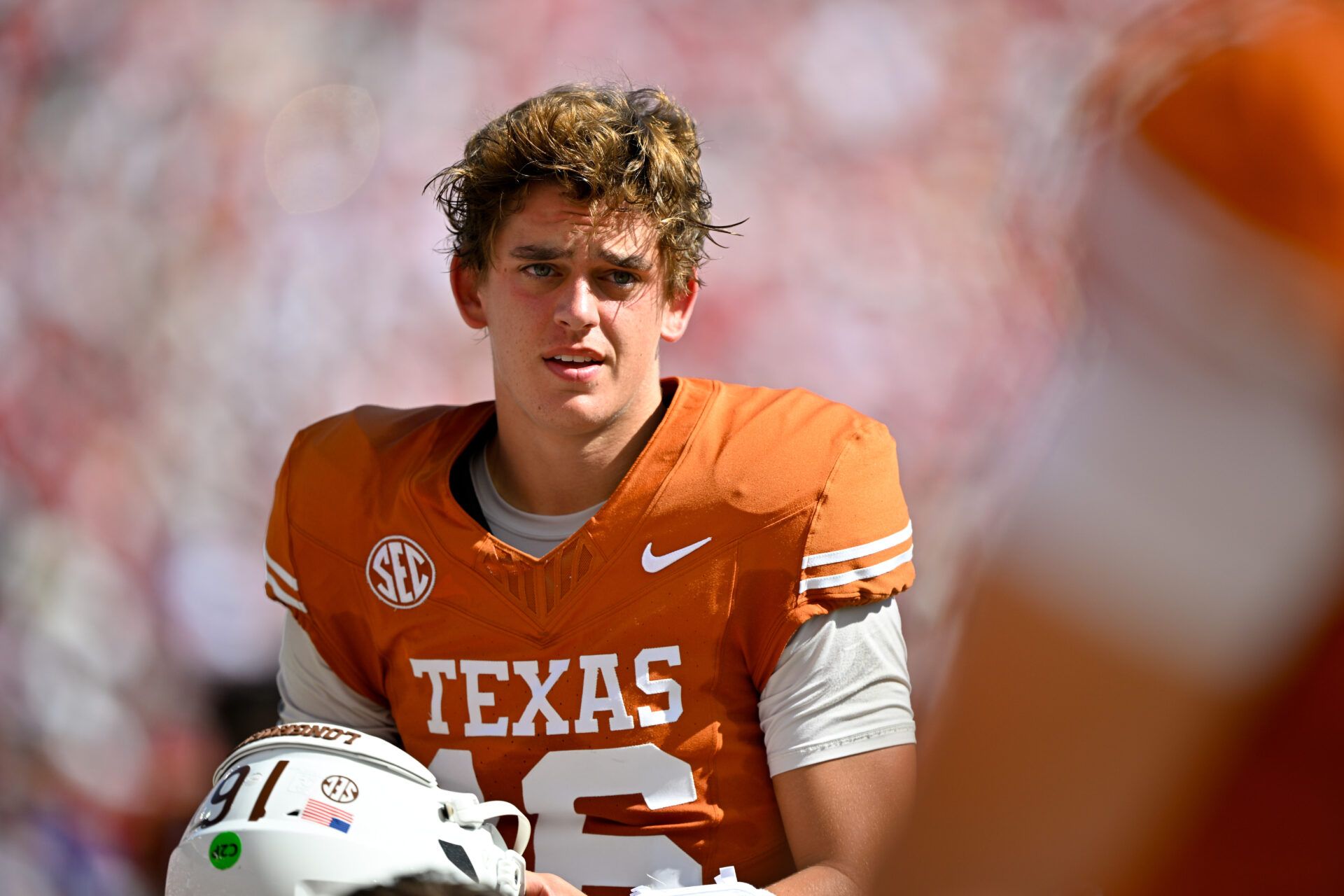 Texas Longhorns quarterback Arch Manning (16) before the game between the Texas Longhorns and the Oklahoma Sooners at the Cotton Bowl.