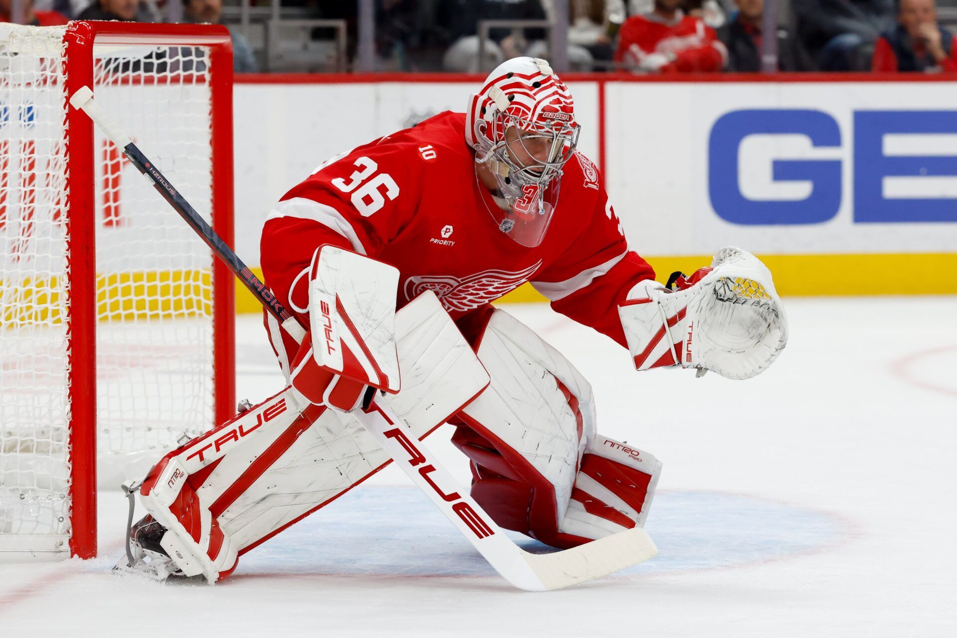 Detroit Red Wings goaltender John Gibson (36) tends goal in the first period against the Anaheim Ducks at Little Caesars Arena.