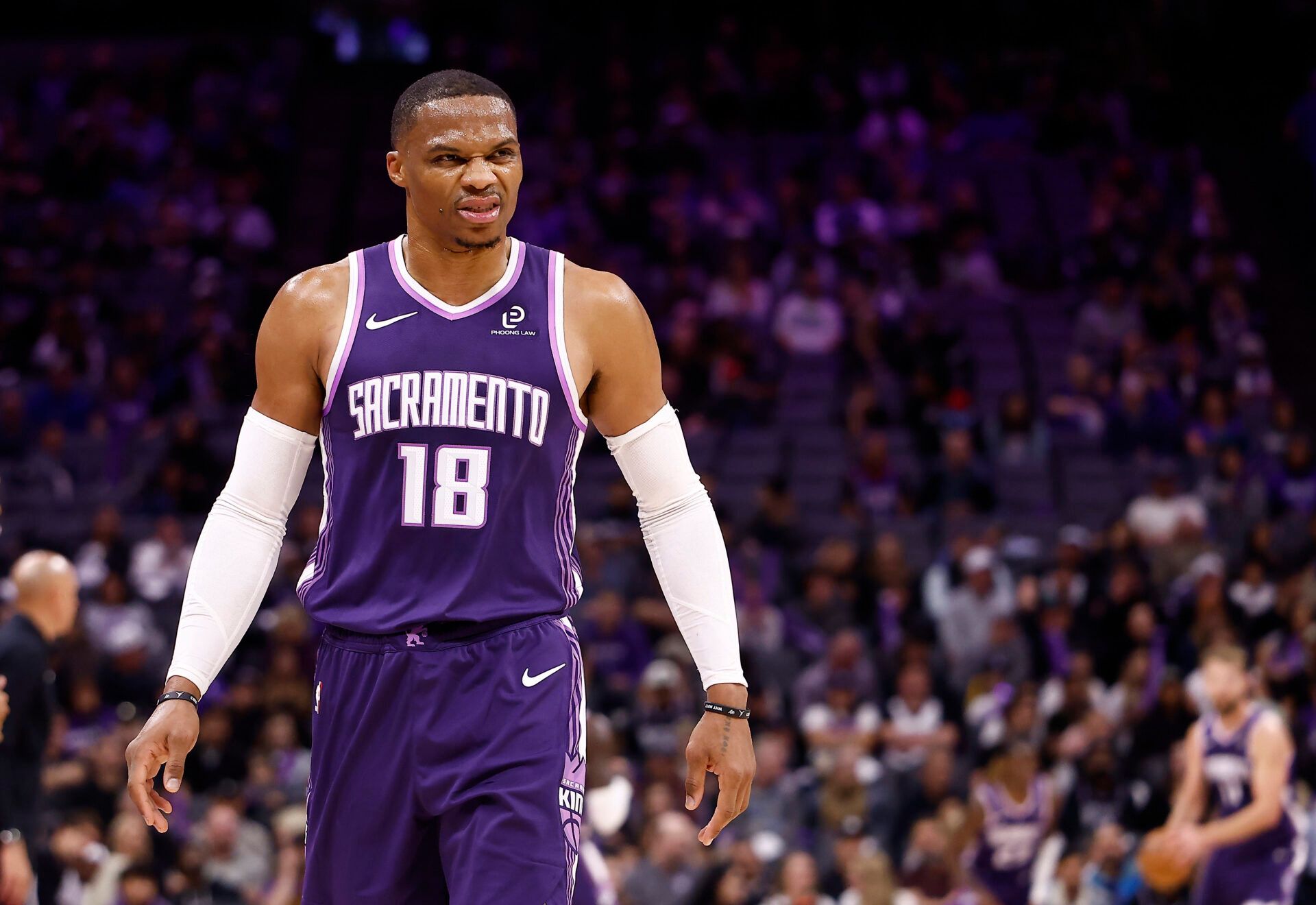 Sacramento Kings guard Russell Westbrook (18) after a play against the Atlanta Hawks during the third quarter at Golden 1 Center.