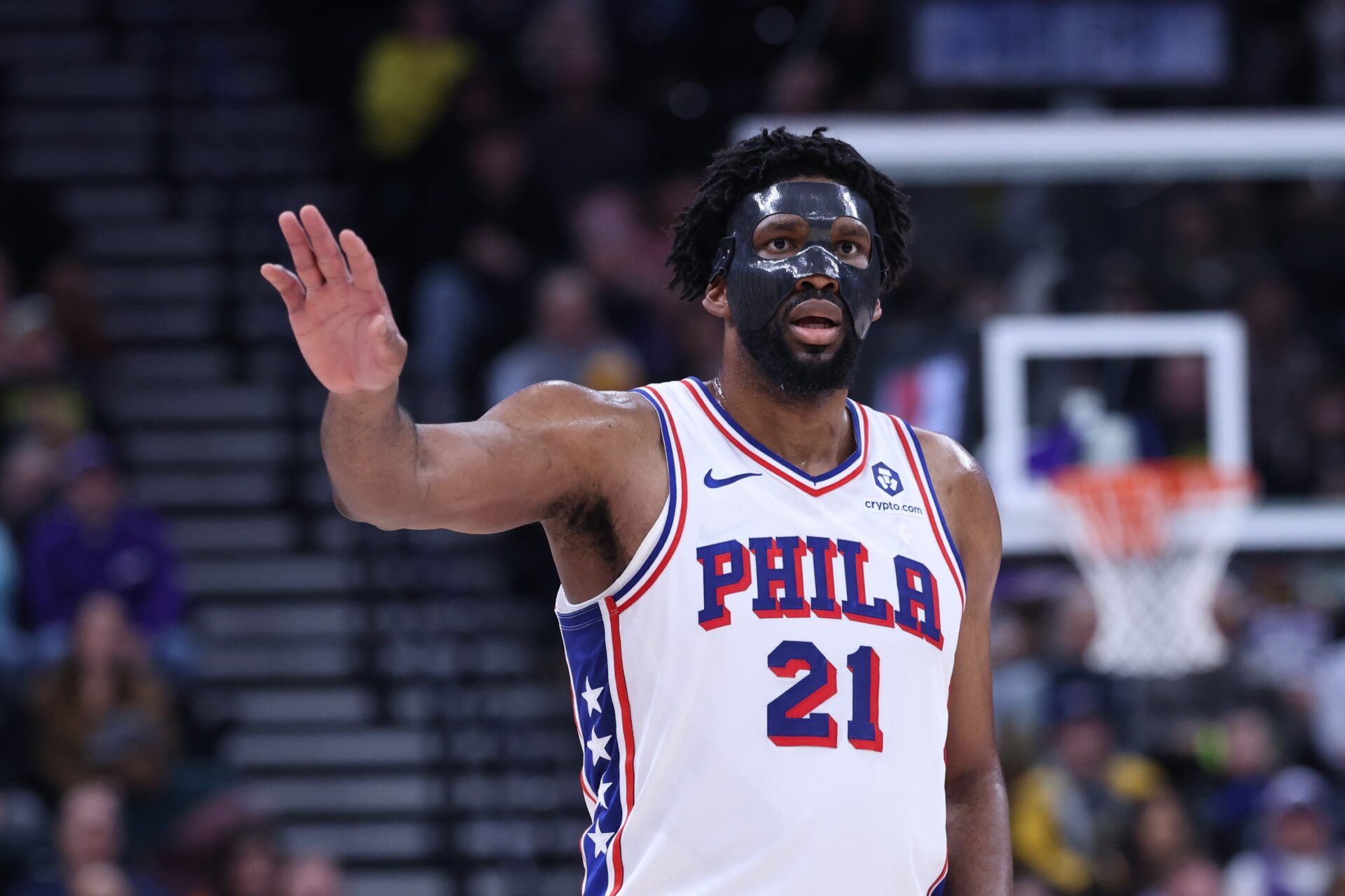 Philadelphia 76ers center Joel Embiid (21) calls a play against the Utah Jazz during the second quarter at Delta Center.