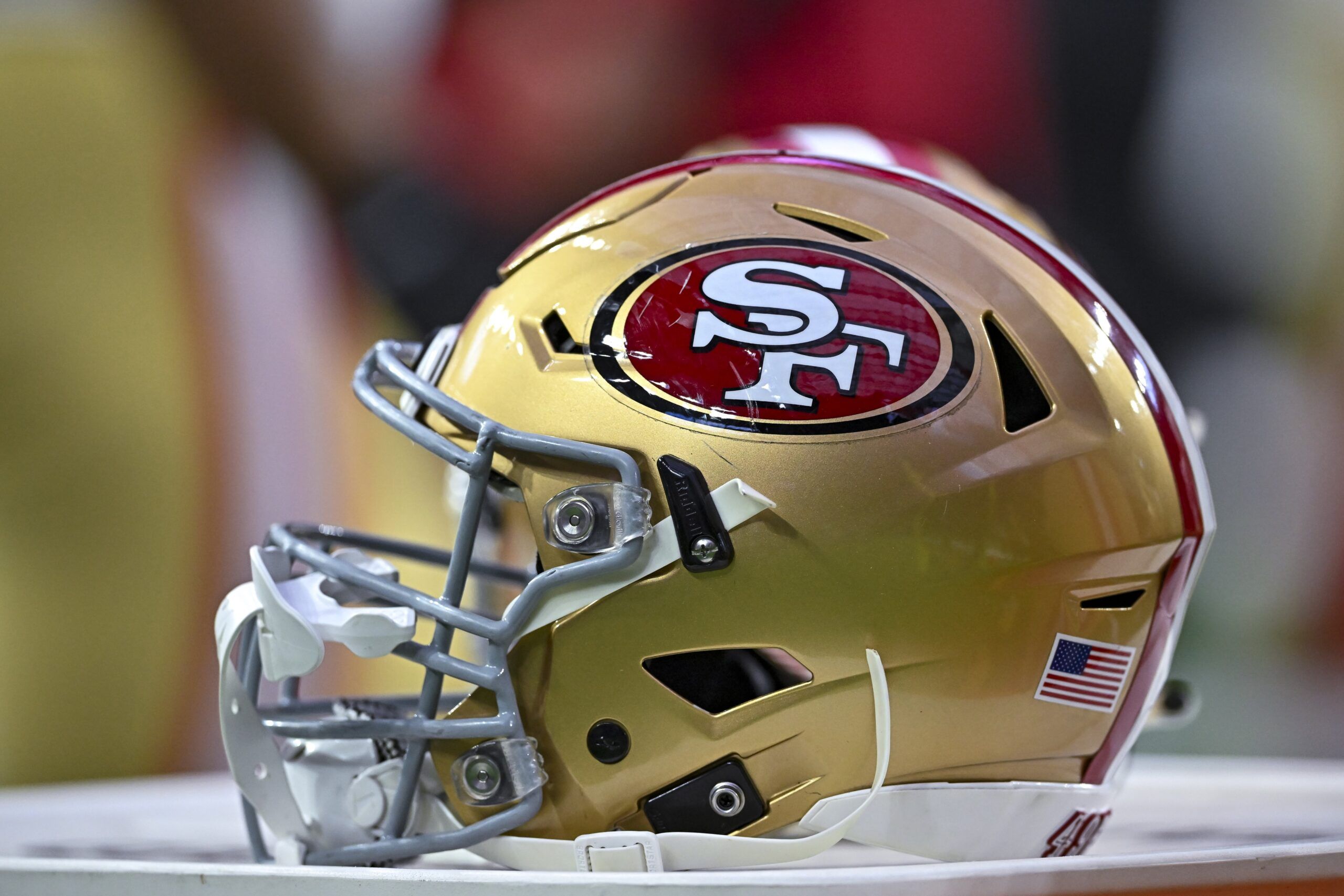 iAug 25, 2022; Houston, Texas, USA;  A general view of a San Francisco 49ers helmet on the sideline of the game against the Houston Texans at NRG Stadium.