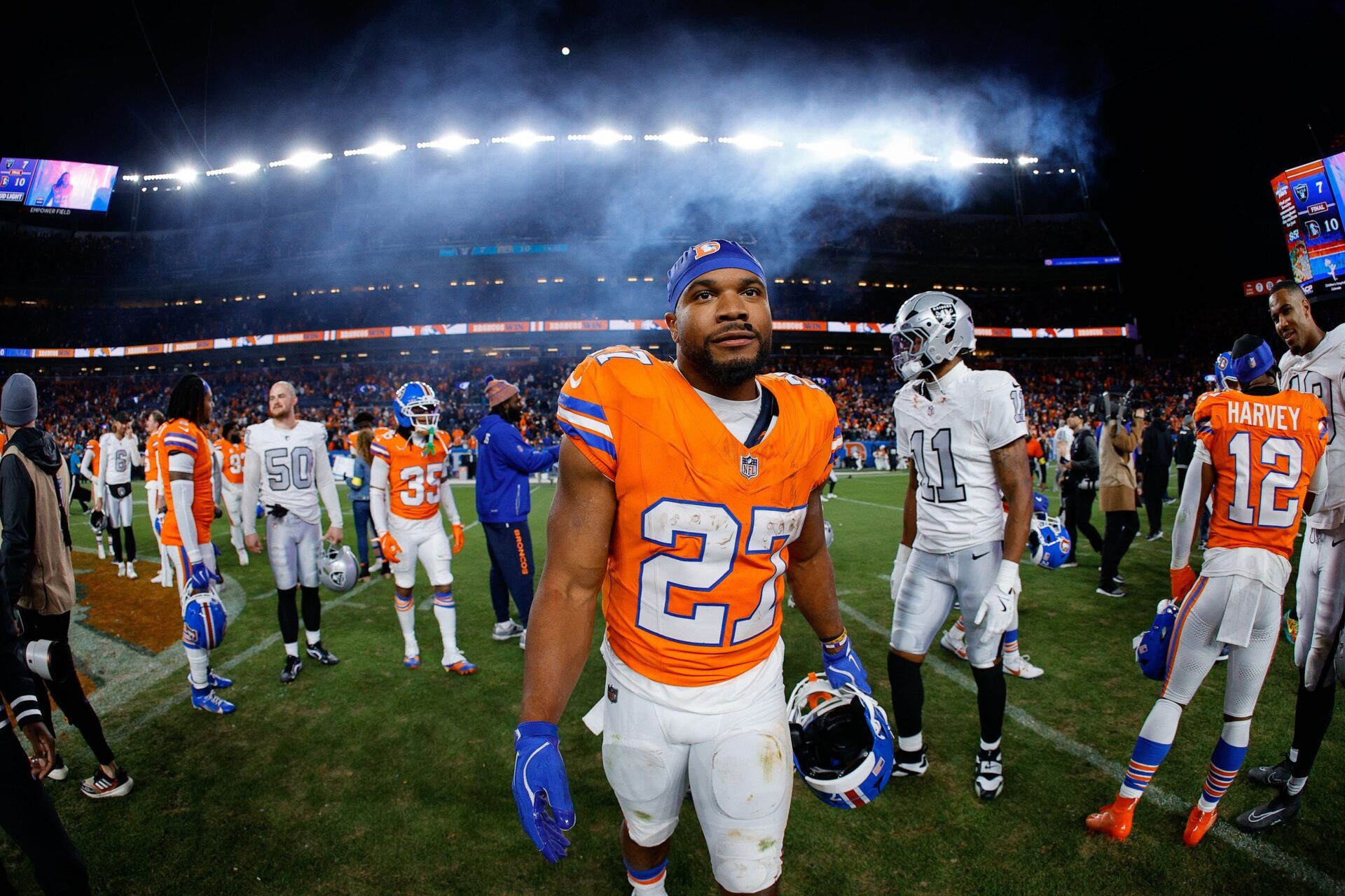 Denver Broncos running back J.K. Dobbins (27) after the game against the Las Vegas Raiders at Empower Field at Mile High.