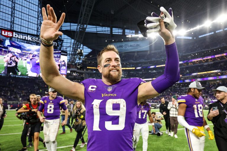 Minnesota Vikings wide receiver Adam Thielen (19) celebrates the win against the Indianapolis Colts after the game at U.S. Bank Stadium. With the win, the Minnesota Vikings clinched the NFC North.