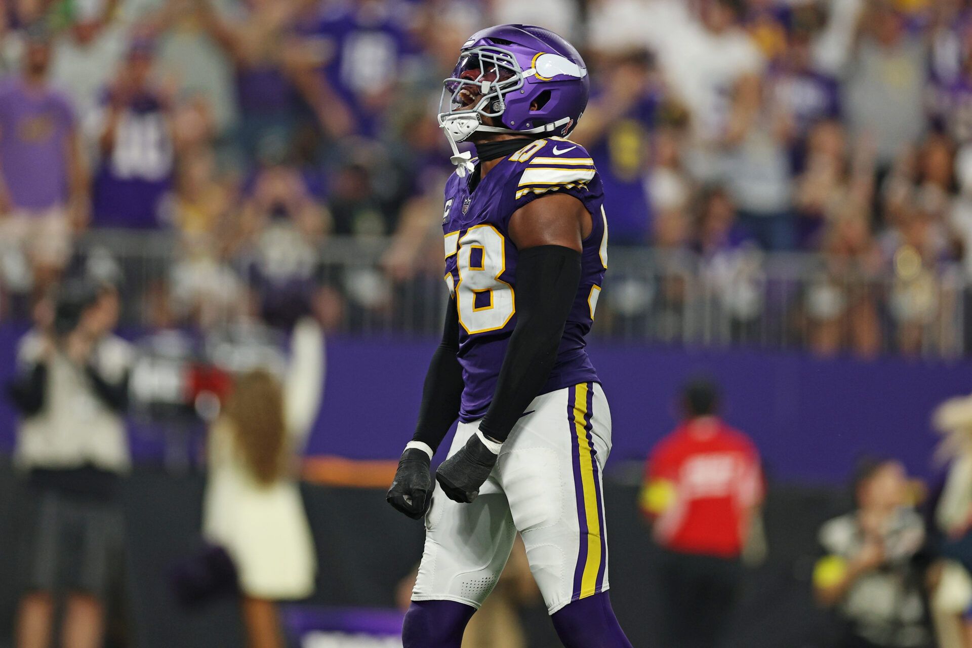 Minnesota Vikings linebacker Jonathan Greenard (58) celebrates a sack during the second half against the Atlanta Falcons at U.S. Bank Stadium.