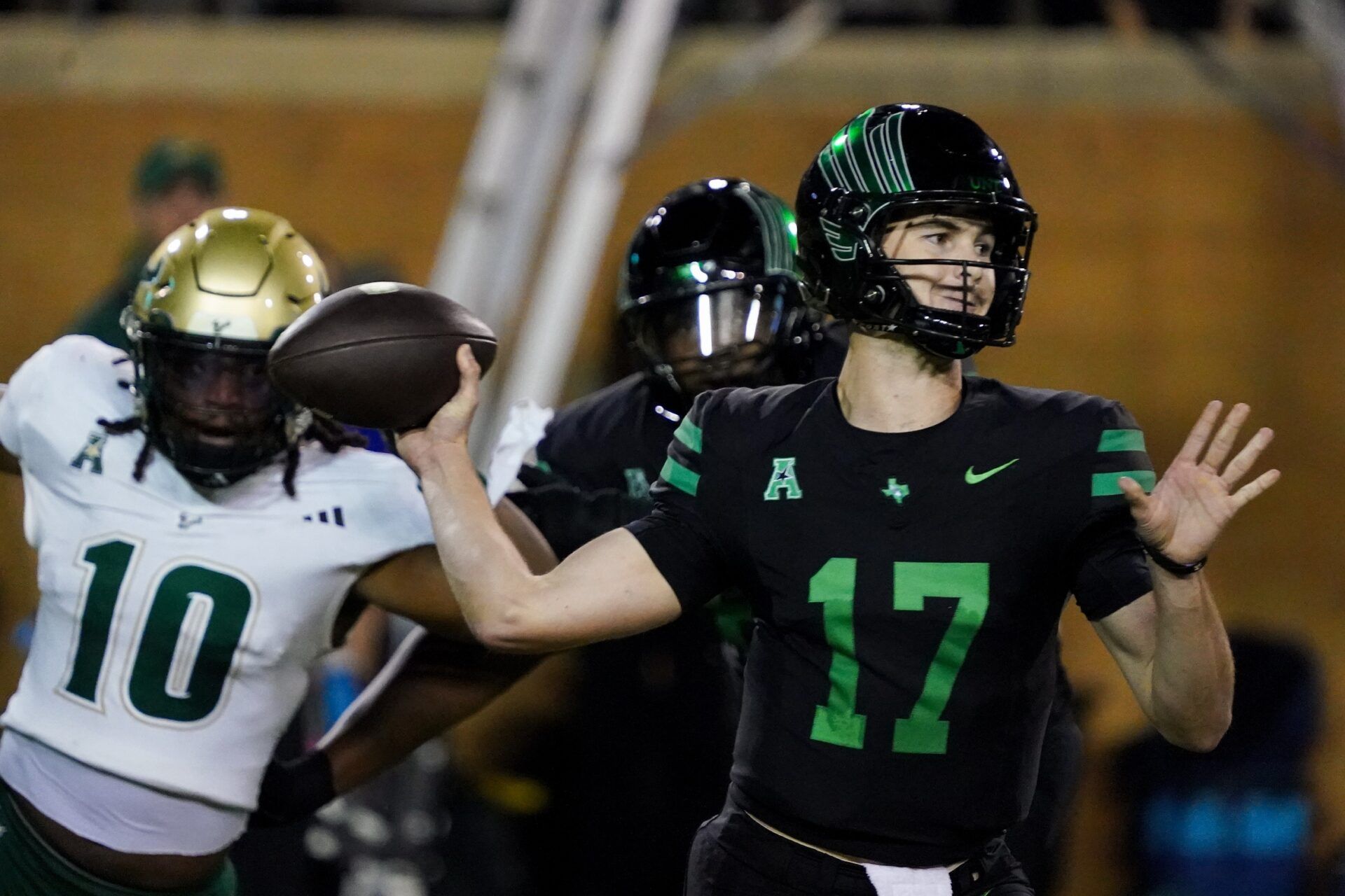 North Texas Mean Green quarterback Drew Mestemaker (17) stands in the pocket against the South Florida Bulls during the second half of a game at DATCU Stadium.