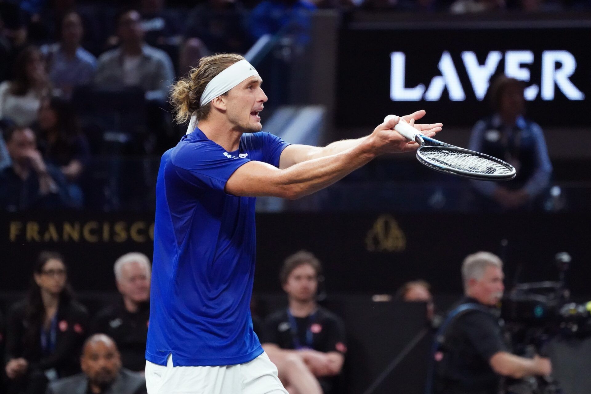 Team Europe player Alexander Zverev reacts during his match against Team World Player Alexander de Minaur during the Laver Cup at Chase Center.