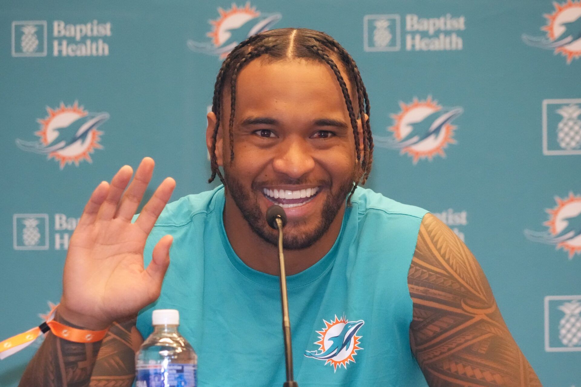 Miami Dolphins quarterback Tua Tagovailoa (1) at press conference at Estadio Riyadh Air Metropolitano.