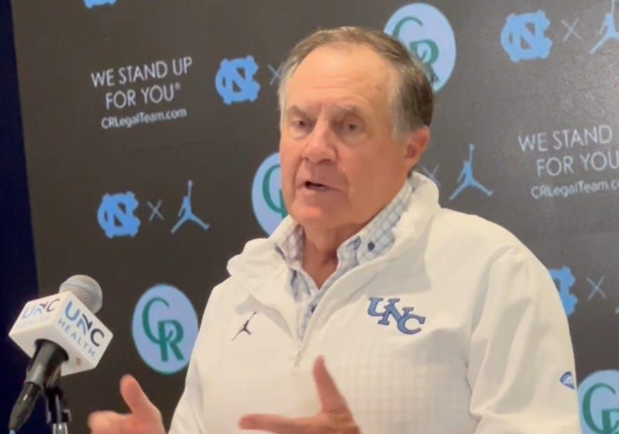 UNC football coach Bill Belichick during a postgame press conference on Nov. 8, 2025, after the Tar Heels' win vs. Stanford.