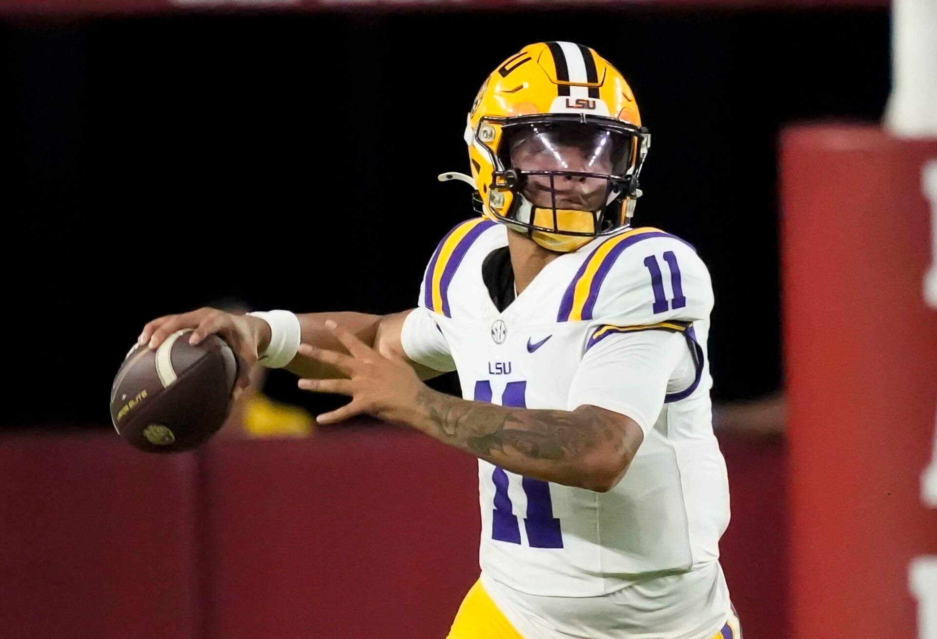 LSU quarterback Michael Van Buren Jr. (11) throws a pass during the game with Alabama at Saban Field at Bryant-Denny Stadium. Alabama defeated LSU 20-9.