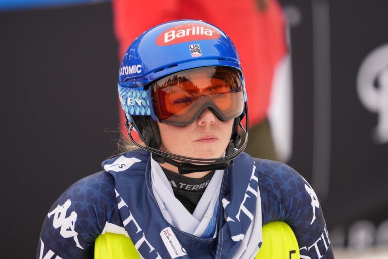 Mikaela Shiffrin of the United States before her second run of the slalom alpine skiing race in the 2025 FIS Ski World Cup at Sun Valley.
