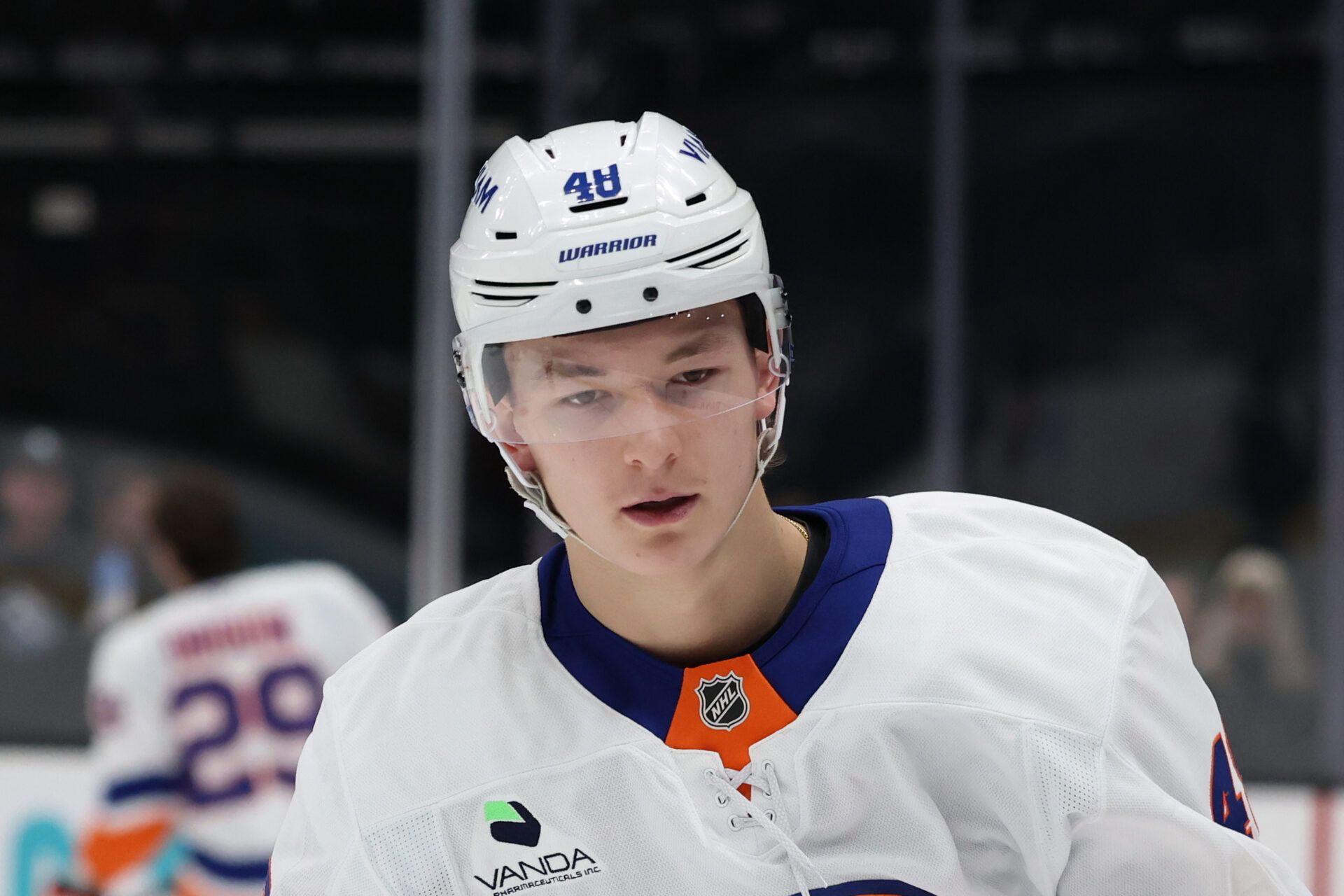 New York Islanders defenseman Matthew Schaefer (48) warms up before a game against the Utah Mammoth at Delta Center.