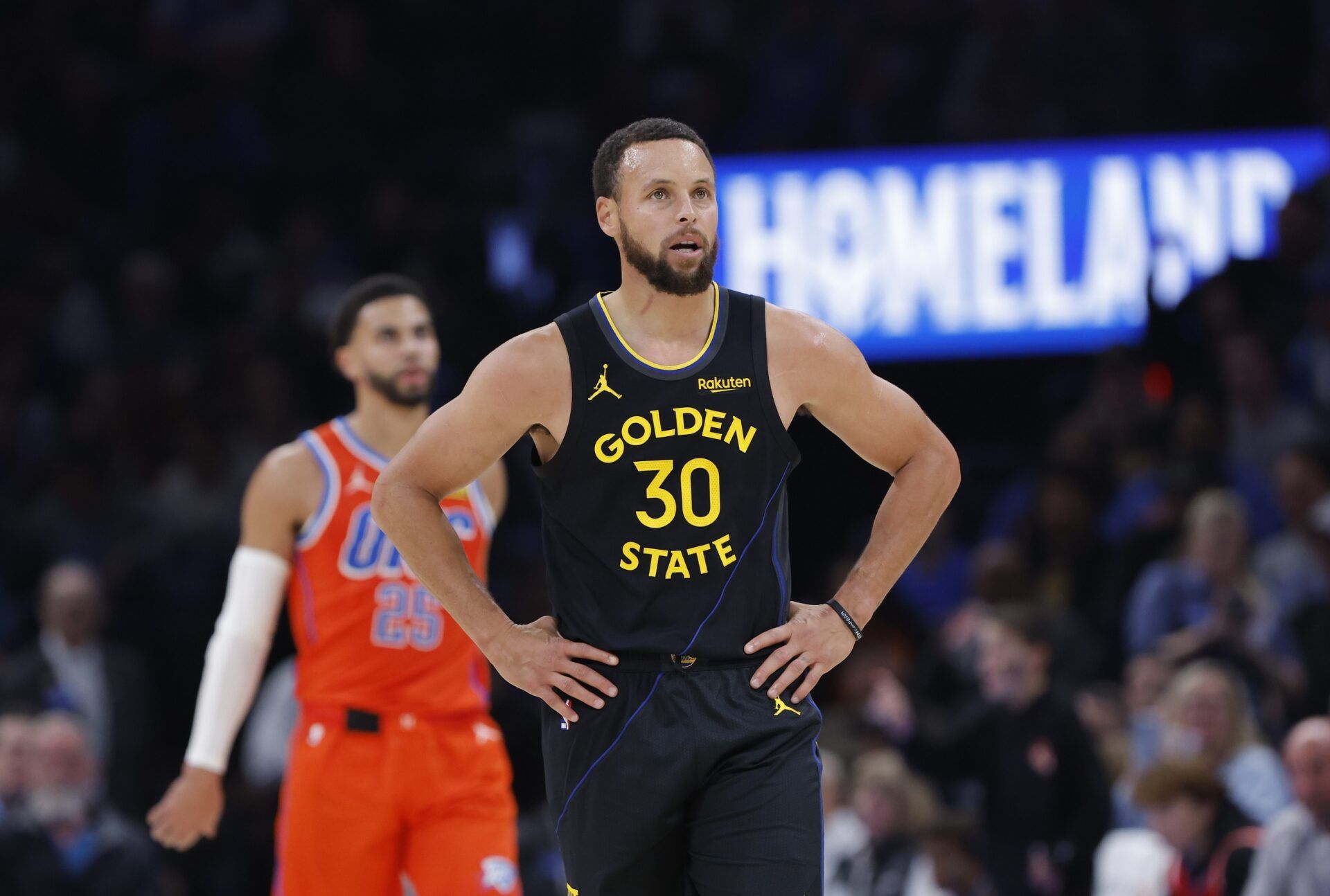 Golden State Warriors guard Stephen Curry (30) stands a play against the Oklahoma City Thunder during the second half at Paycom Center.