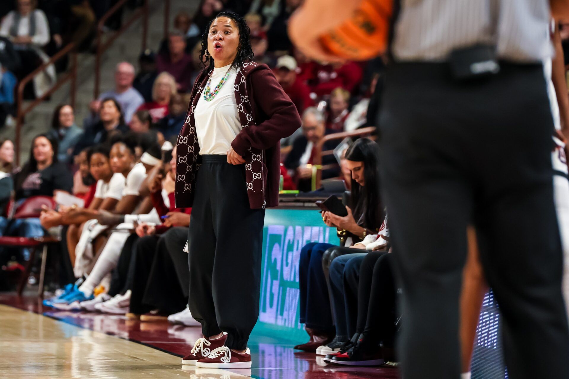 South Carolina Gamecocks head coach Dawn Staley directs her team against the Clemson Tigers in the second half at Colonial Life Arena.