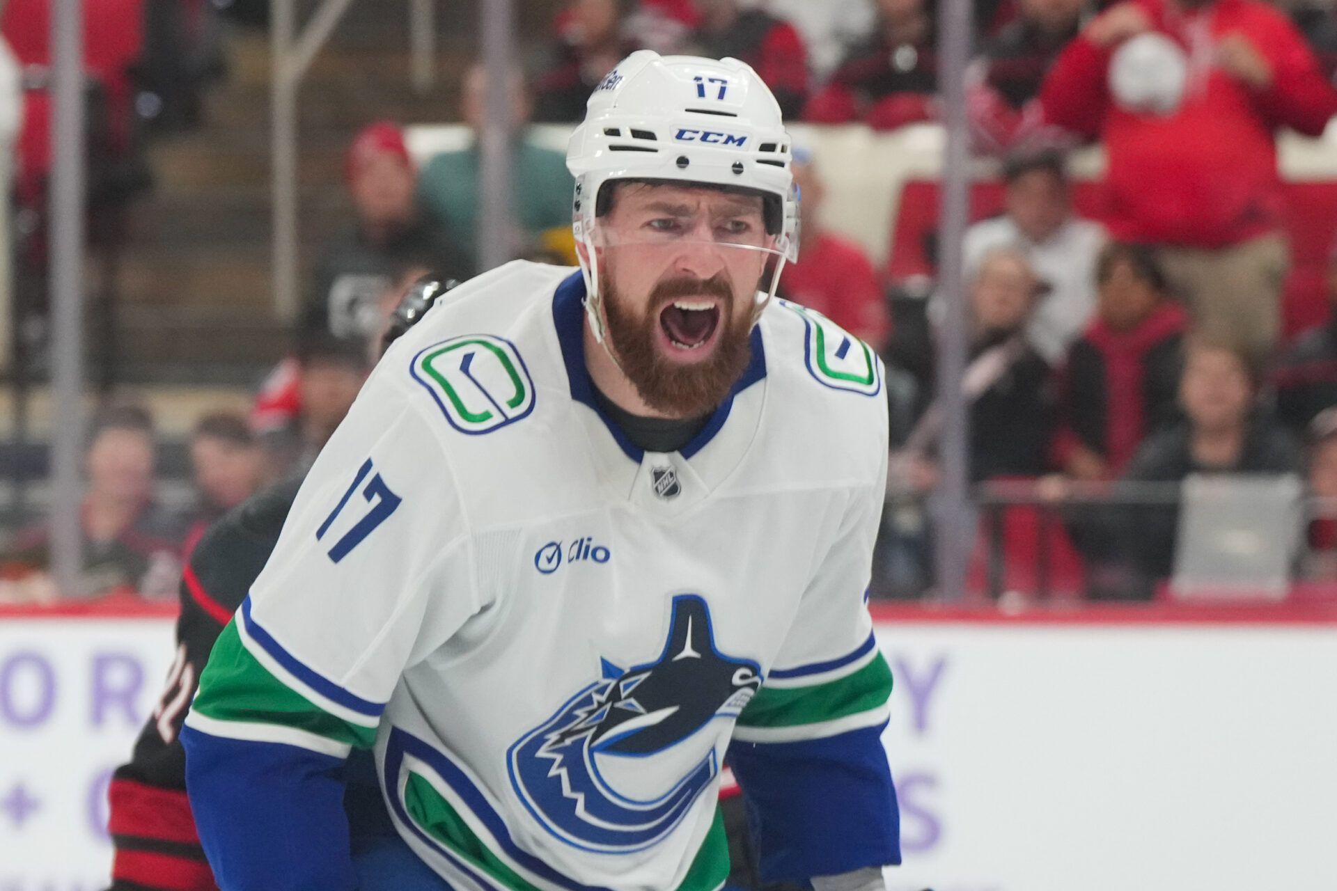 Vancouver Canucks defenseman Filip Hronek (17) reacts against the Carolina Hurricanes during the third period at Lenovo Center.