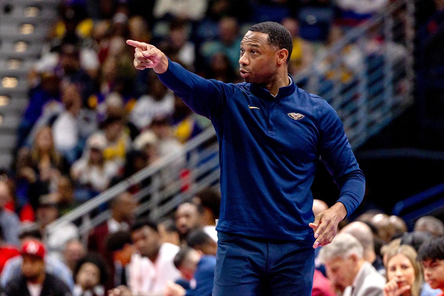 New Orleans Pelicans Head Coach Willie Green reacts to a play against the Los Angeles Lakers during the second half at Smoothie King Center.