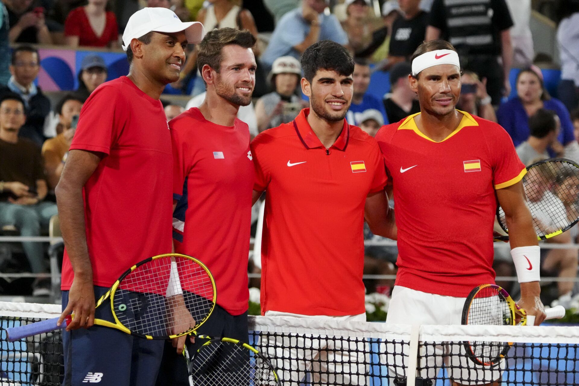 Rajeev Ram (USA), Austin Krajicek (USA), Carlos Alcaraz (Spain) and Rafael Nadal (Spain) during the Paris 2024 Olympic Summer Games at Stade Roland Garros.
