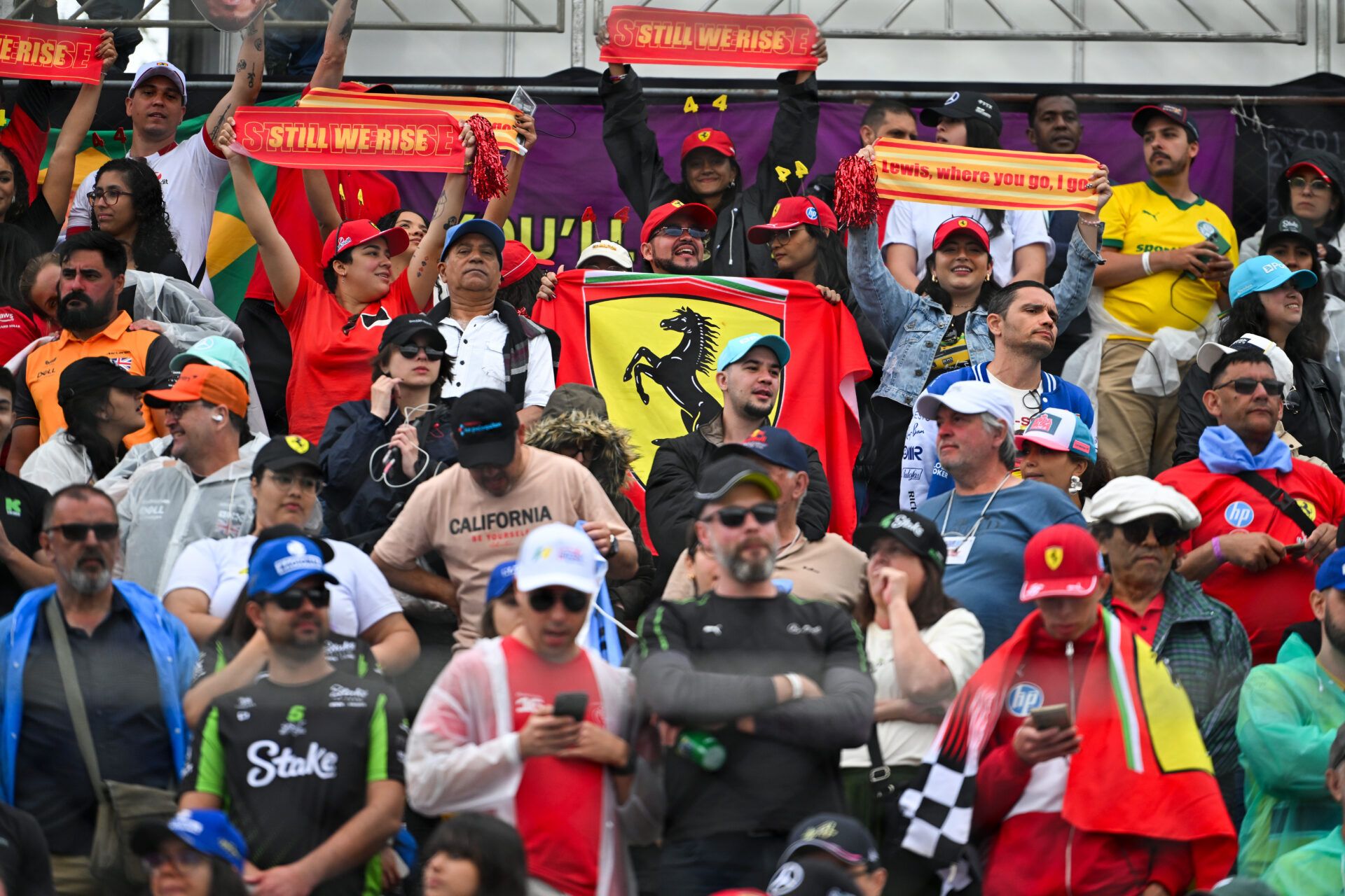 SAO PAULO, BRAZIL - NOVEMBER 09: Fans of Lewis Hamilton of Great Britain and Scuderia Ferrari during the F1 Grand Prix of Brazil at Autodromo Jose Carlos Pace on November 09, 2025 in Sao Paulo, Brazil. (Photo by Rudy Carezzevoli/Getty Images)