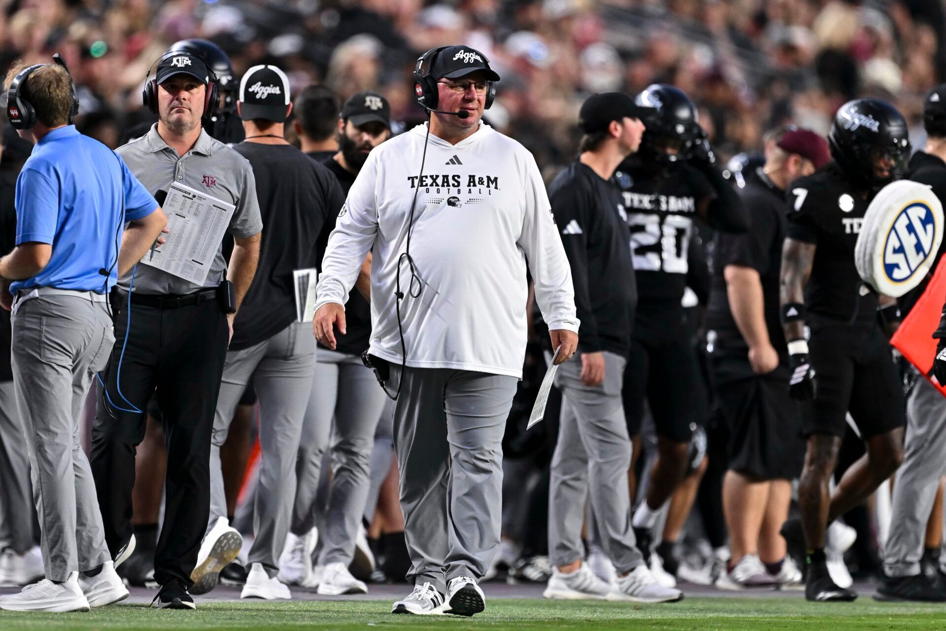 Texas A&M Aggies head coach Mike Elko looks on during the first half against the Mississippi State Bulldogs at Kyle Field.