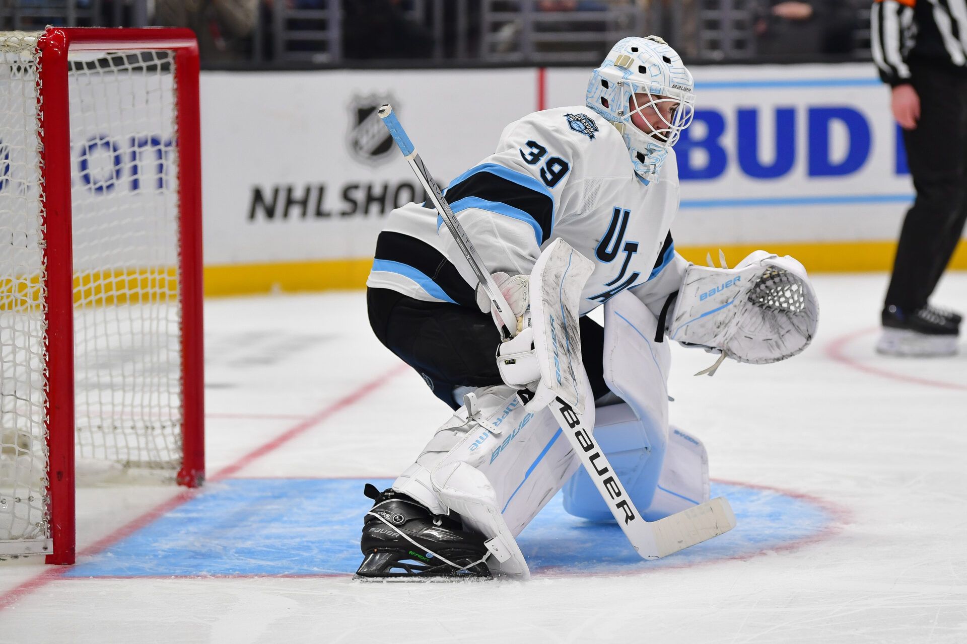 Former Utah Hockey Club goaltender Connor Ingram (39) defends the goal against the Los Angeles Kings during the second period  at Crypto.com Arena.