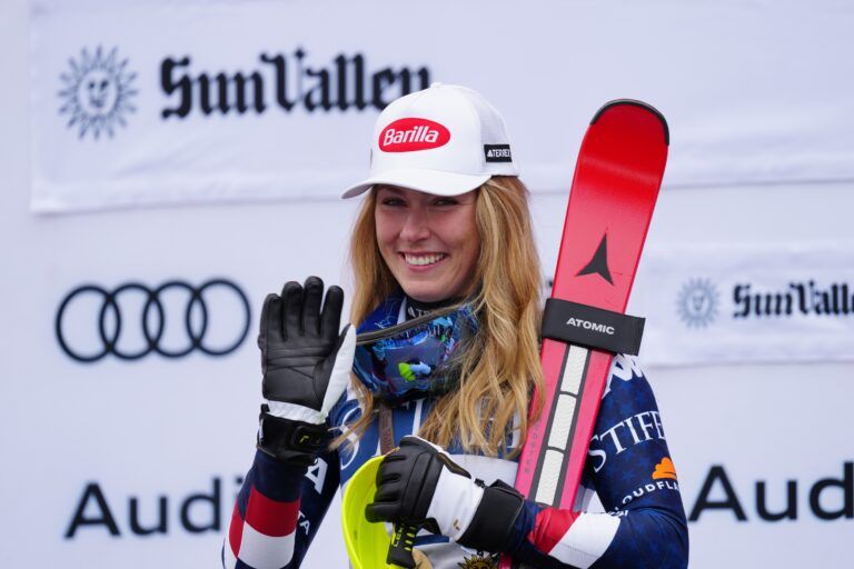 Slalom race winner Mikaela Shiffrin of the United States celebrates on the podium after the 2025 FIS Ski World Cup at Sun Valley.