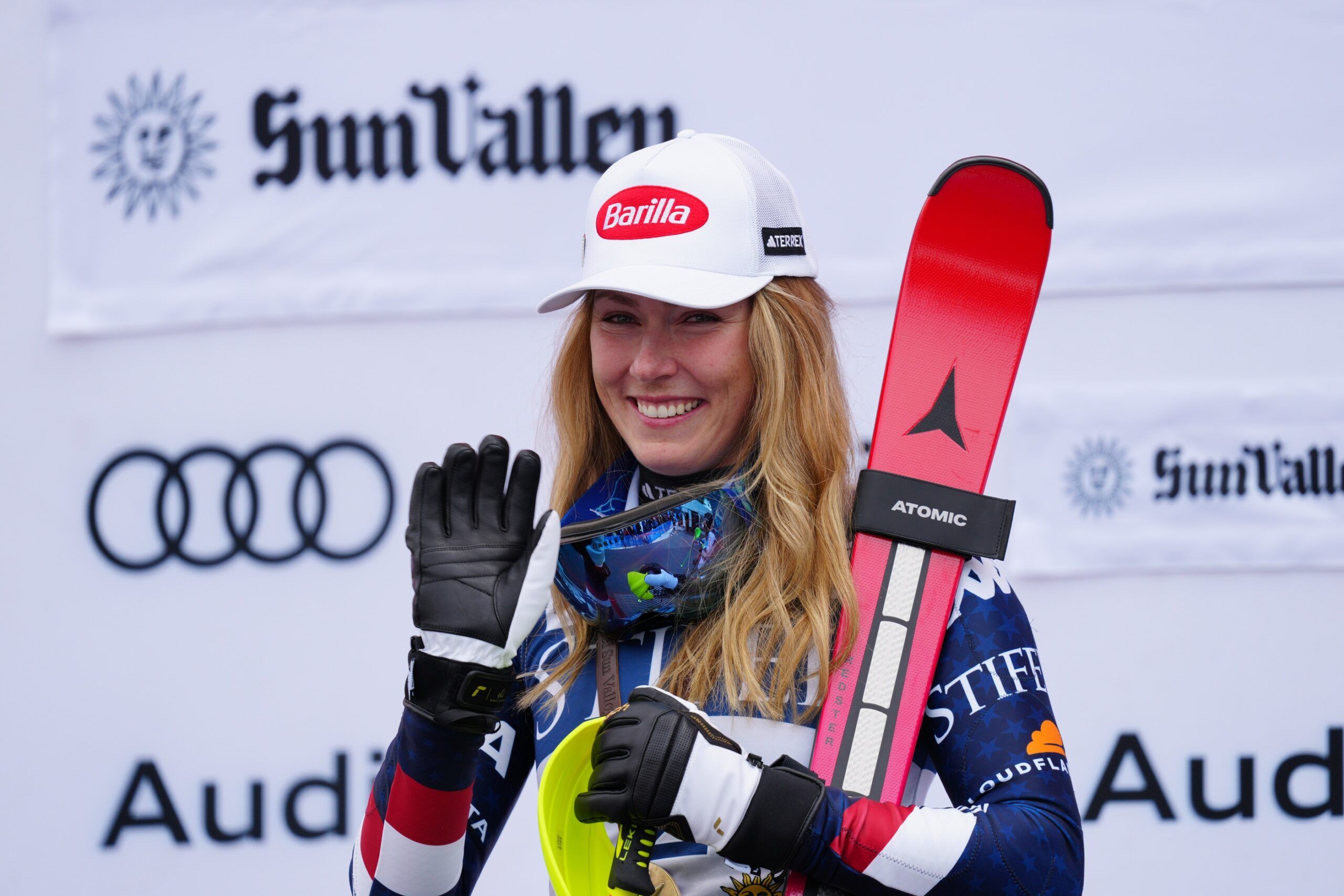 Slalom race winner Mikaela Shiffrin of the United States celebrates on the podium after the 2025 FIS Ski World Cup at Sun Valley.