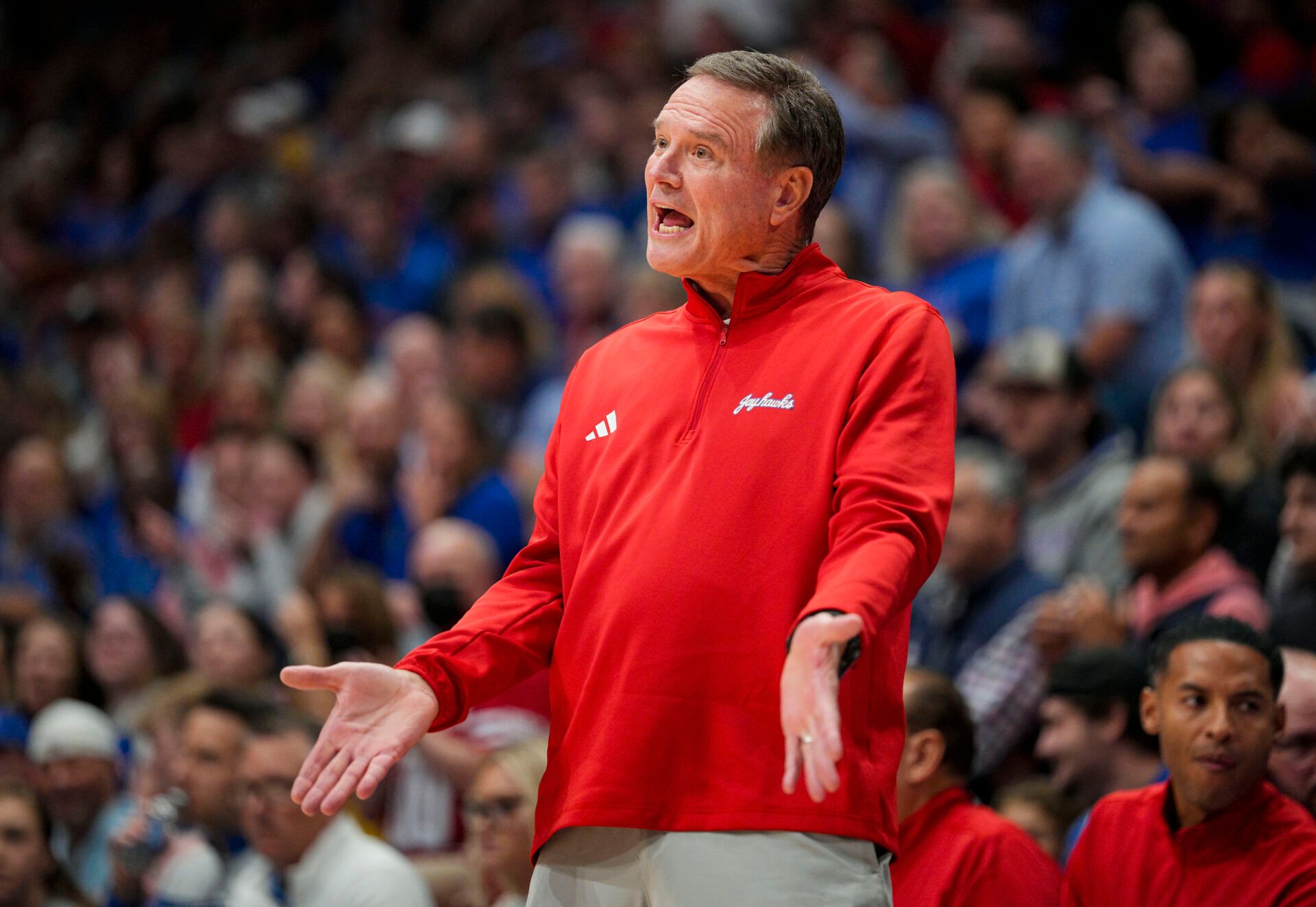 Kansas Jayhawks head coach Bill Self reacts during the first half against the Green Bay Phoenix at Allen Fieldhouse.