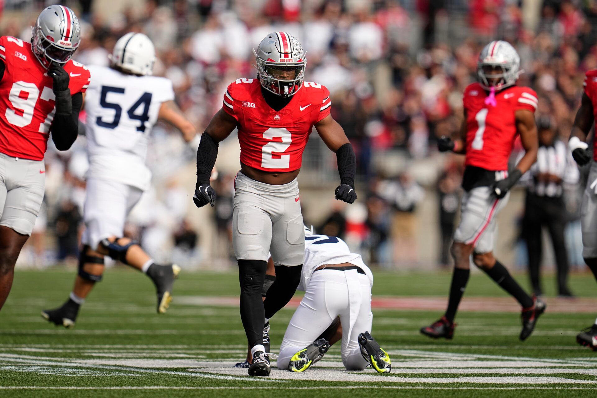 Ohio State Buckeyes defensive back Caleb Downs (2) celebrates during the NCAA football game against the Penn State Nittany Lions at Ohio Stadium in Columbus on Nov. 1, 2025.