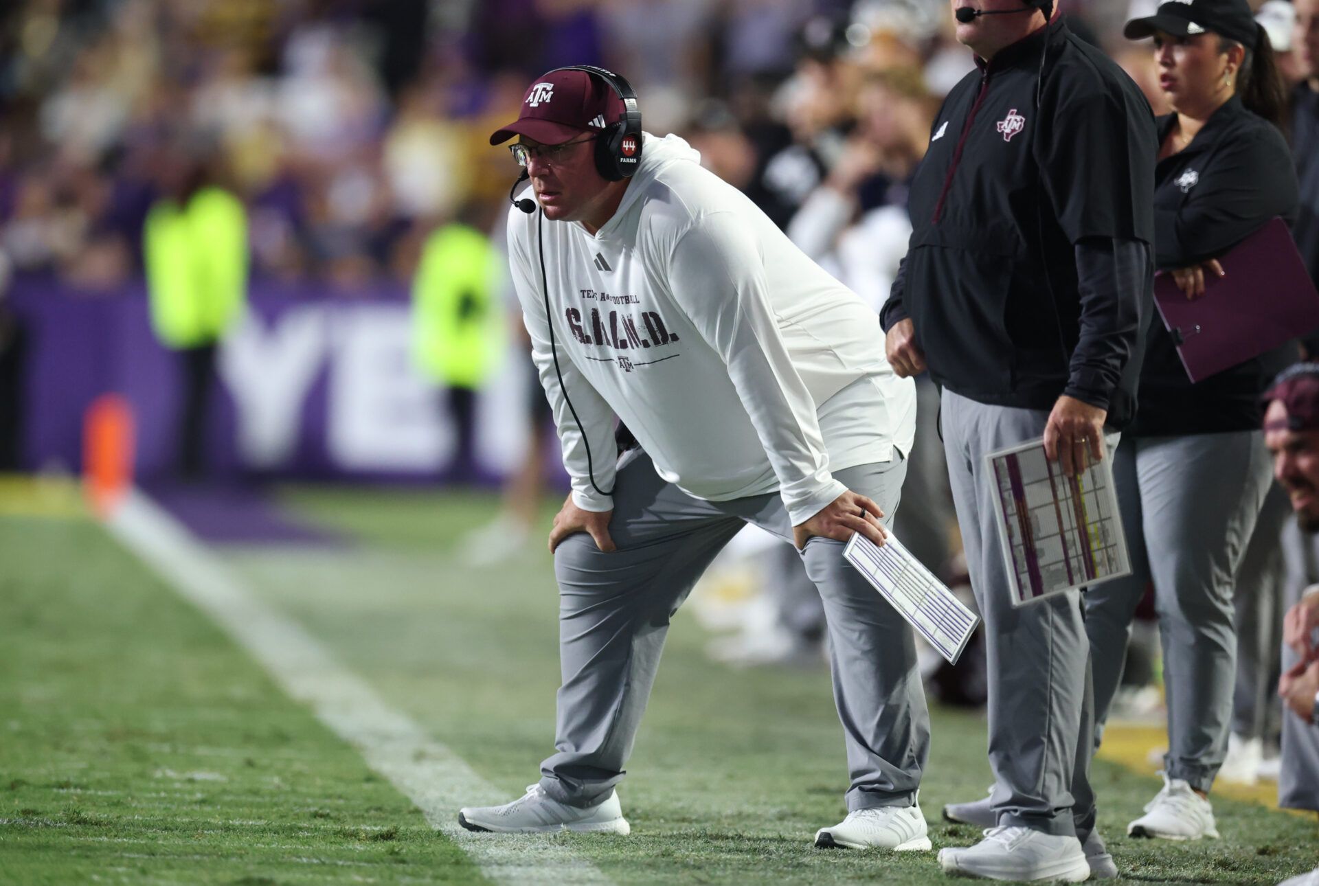 Texas A&M Aggies head coach Mike Elko during the first half against the Louisiana State Tigers at Tiger Stadium.