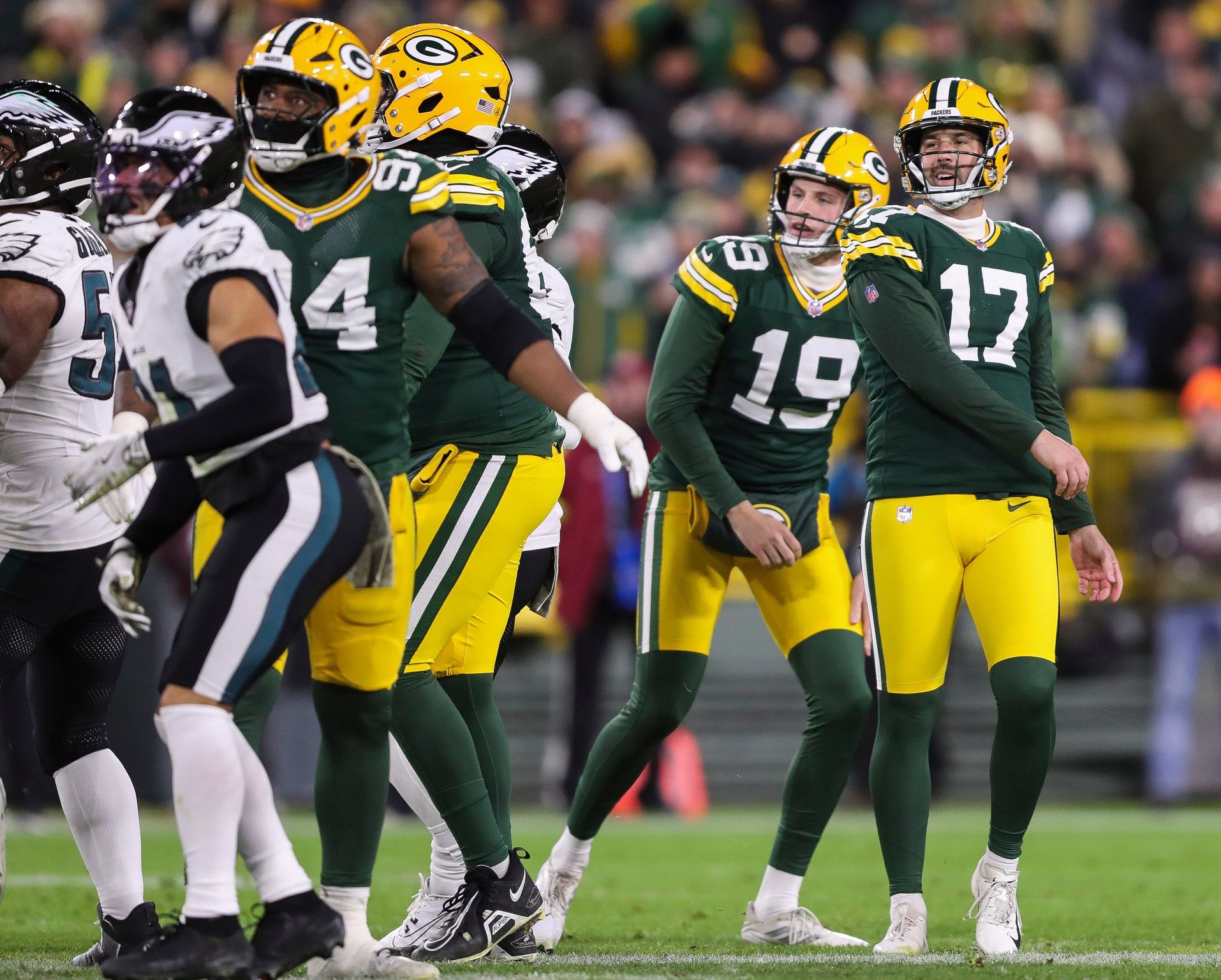 Green Bay Packers place kicker Brandon McManus (17) watches as his game-tying field goal attempt as time expires falls short against the Philadelphia Eagles on Monday, November 10, 2025, at Lambeau Field in Green Bay, Wis. The Eagles won the game, 10-7.