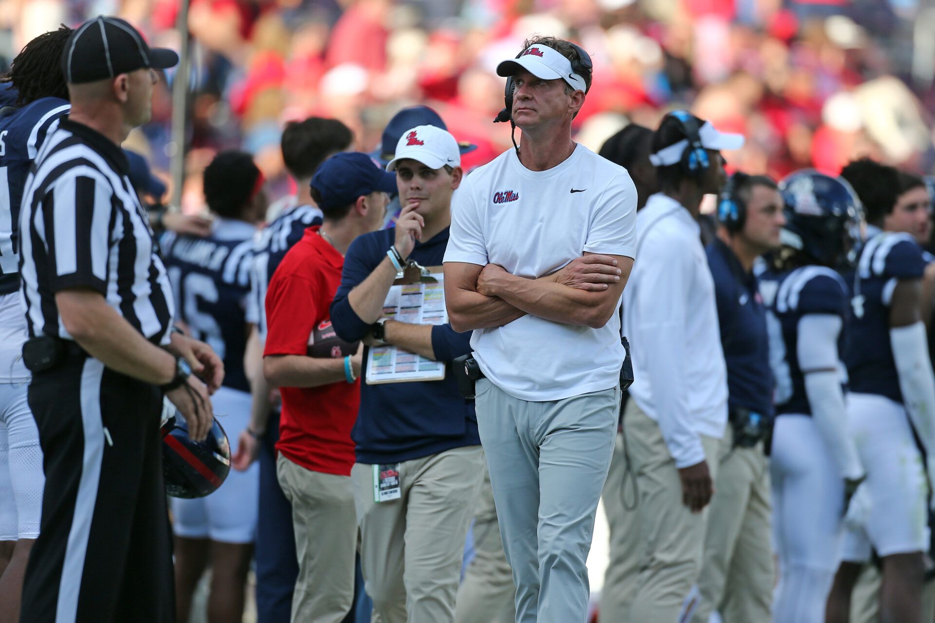 Mississippi Rebels head coach Lane Kiffin walks the sideline during the fourth quarter against The Citadel Bulldogs at Vaught-Hemingway Stadium.