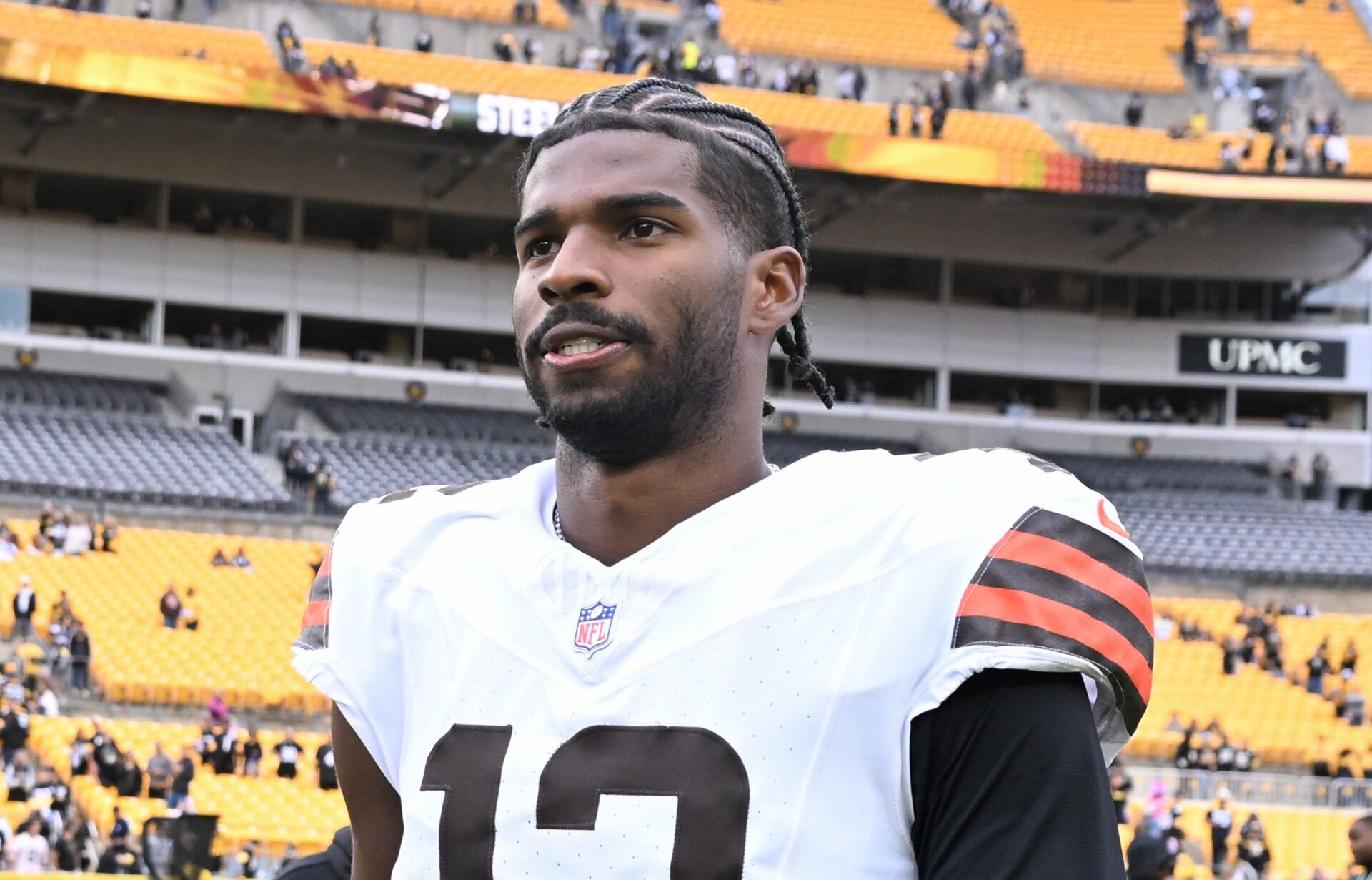 Cleveland Browns quarterback Shedeur Sanders (12) leaves the field following the game against the Pittsburgh Steelers at Acrisure Stadium.