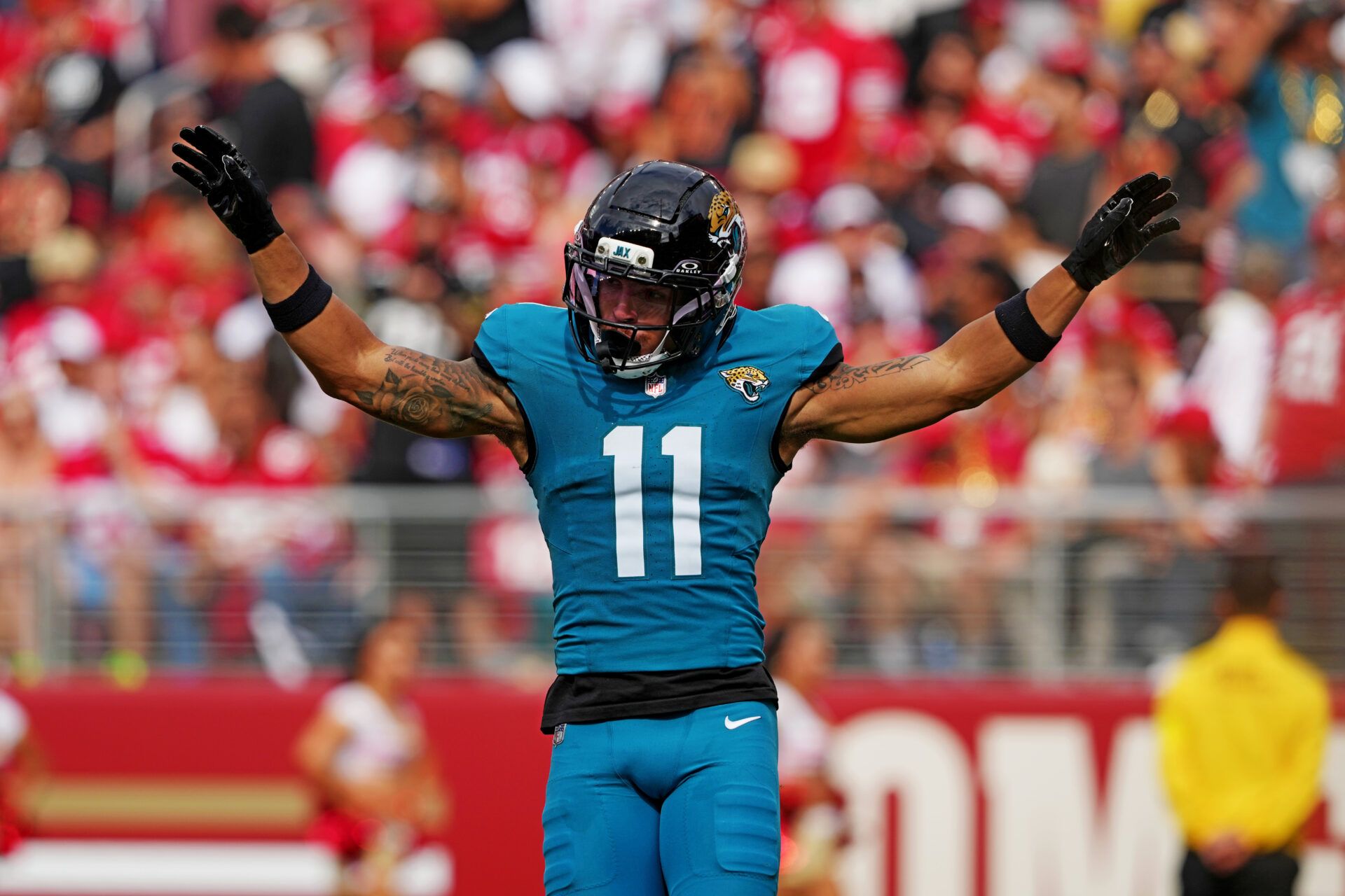 Jacksonville Jaguars wide receiver Parker Washington (11) reacts after a play during the second half against the San Francisco 49ers at Levi's Stadium.