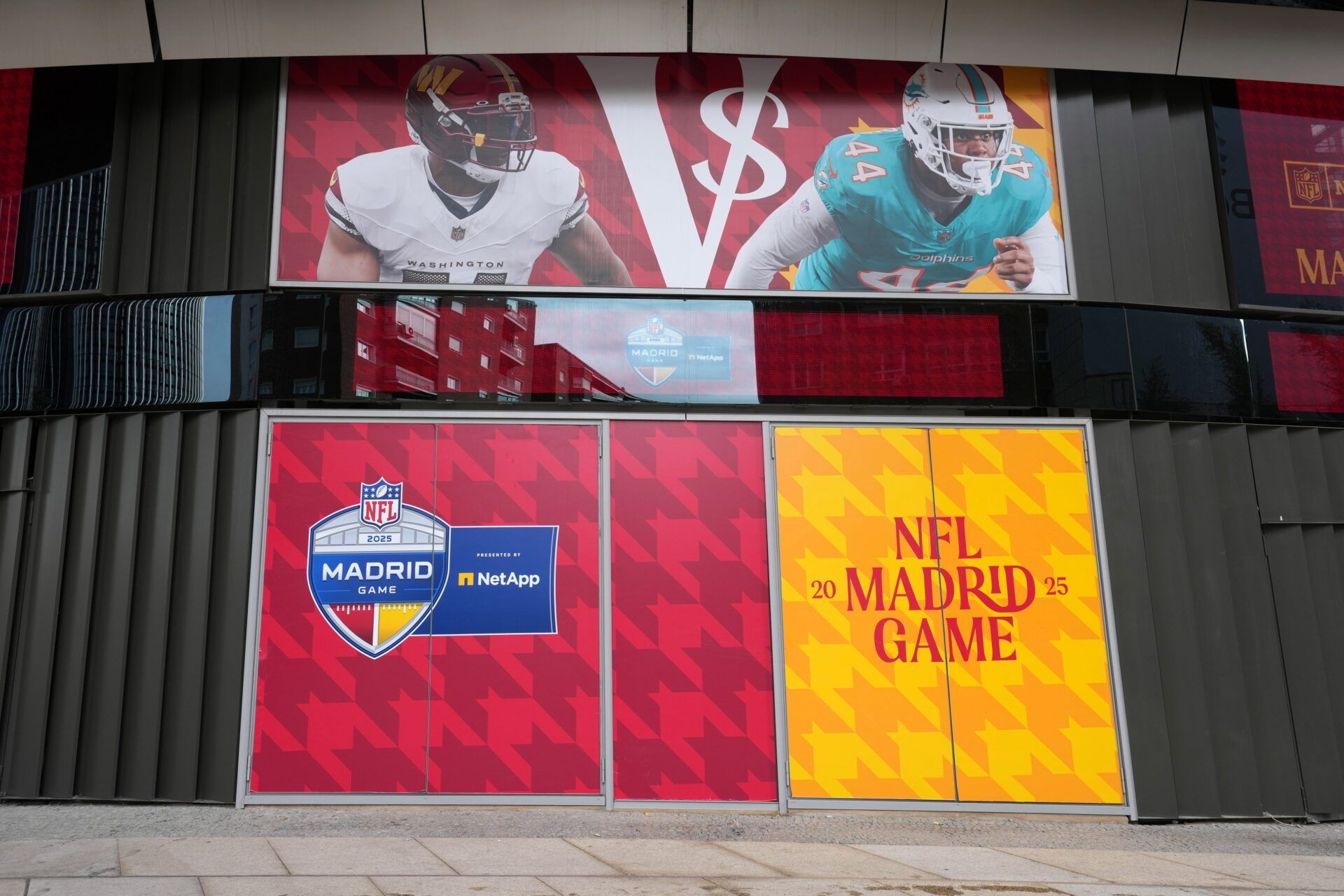 Images of Washington Commanders linebacker Bobby Wagner (54) and Miami Dolphins linebacker Chop Robinson (44) at Santiago Bernabeu Stadium.