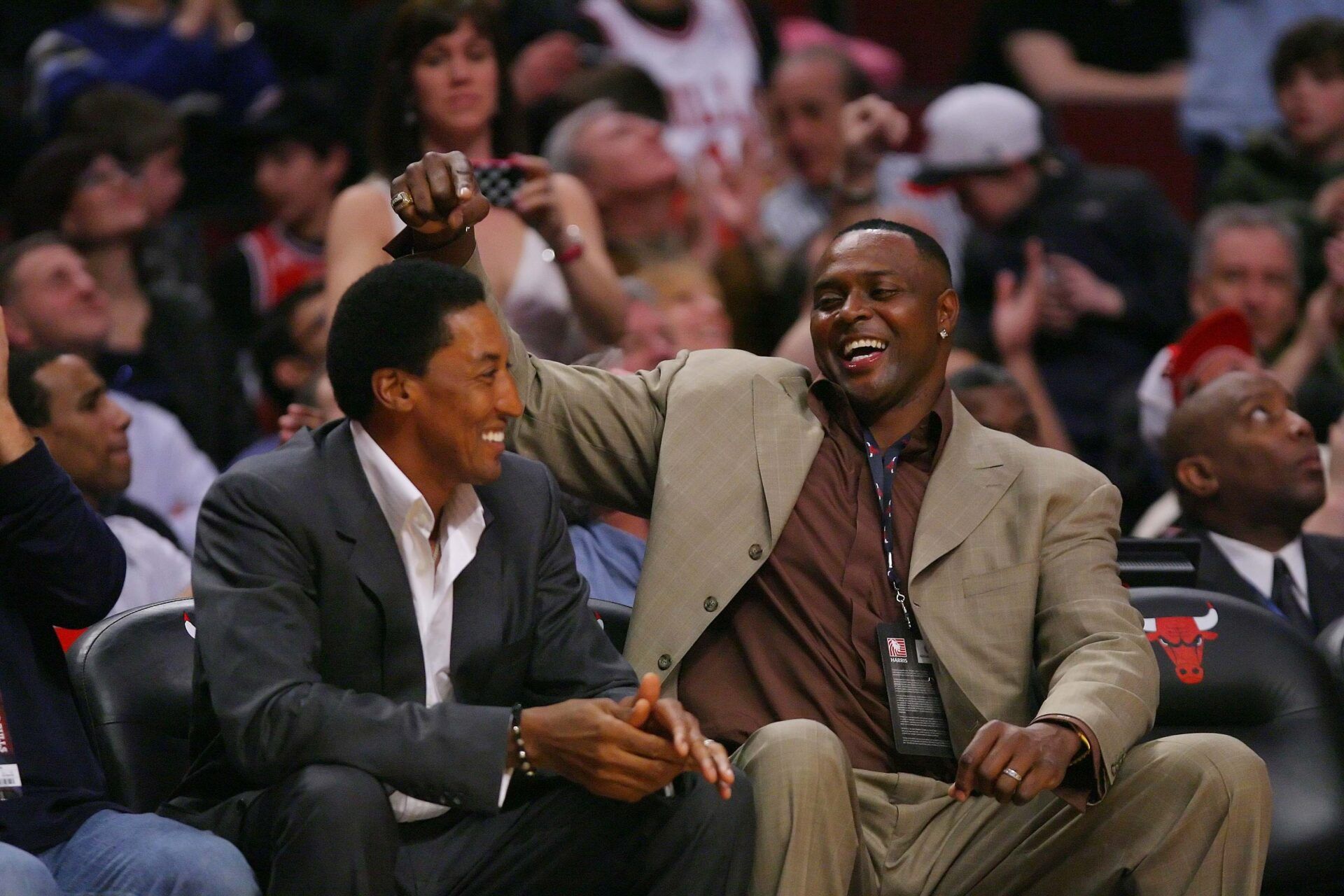 Chicago Bulls former players Scottie Pippen (left) and Horace Grant (right) in the second half against the Atlanta Hawks at the United Center. The Bulls defeated the Hawks 94-76.