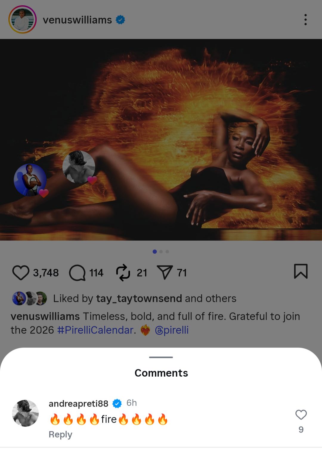 Venus Williams’ Partner Andrea Preti Reacts to Her ‘Bold and Full of Fire’ Photoshoot as Part of Pirelli’s 2026 Calendar Screen grab of Venus Williams' partner Andrea Preti's comment