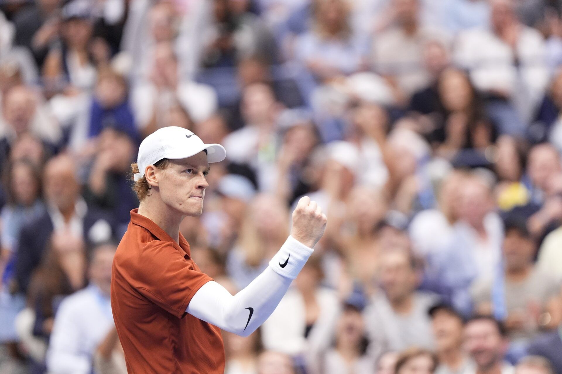 Jannik Sinner (ITA) reacts against Carlos Alcaraz (ESP) (not pictured) during the final of mens singles at Billie Jean King National Tennis Center.