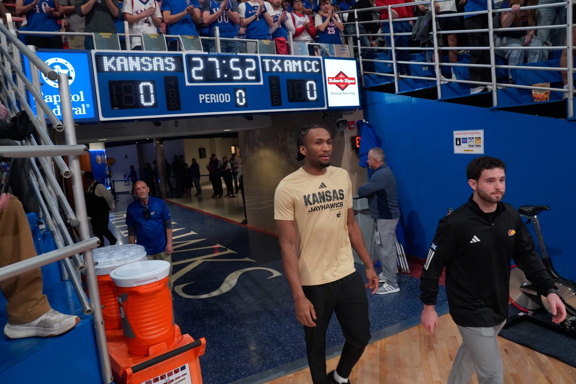 Kansas Jayhawks guard Darryn Peterson (22) walks out of the tunnel before the game against Texas A&M-Corpus Christi Islanders inside Allen Fieldhouse on Nov. 11, 2025.