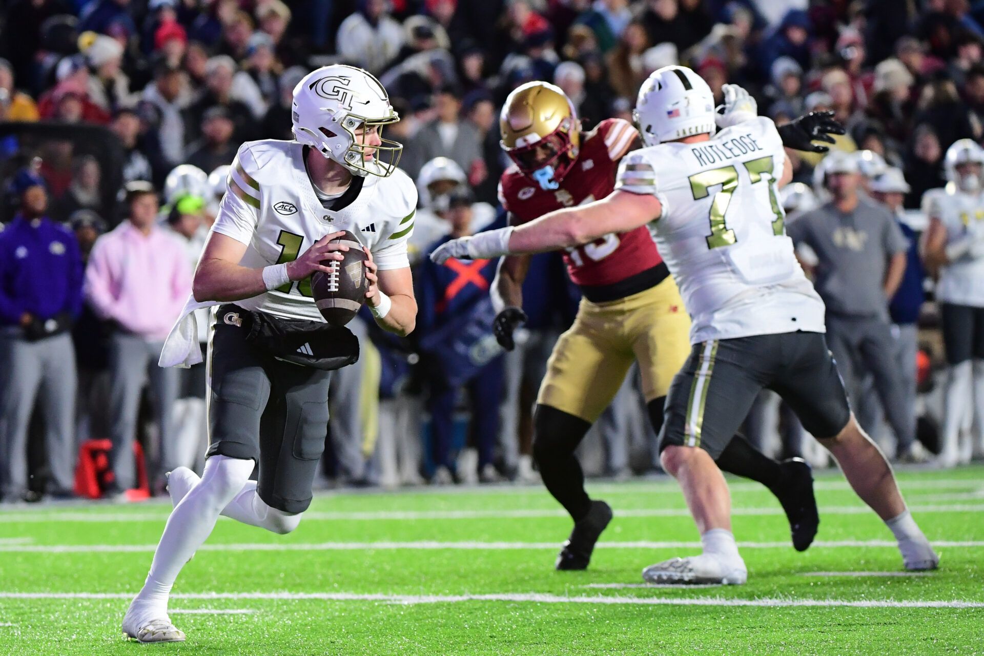 Georgia Tech Yellow Jackets quarterback Haynes King (10) looks to pass the ball during the first half against the Boston College Eagles at Alumni Stadium.