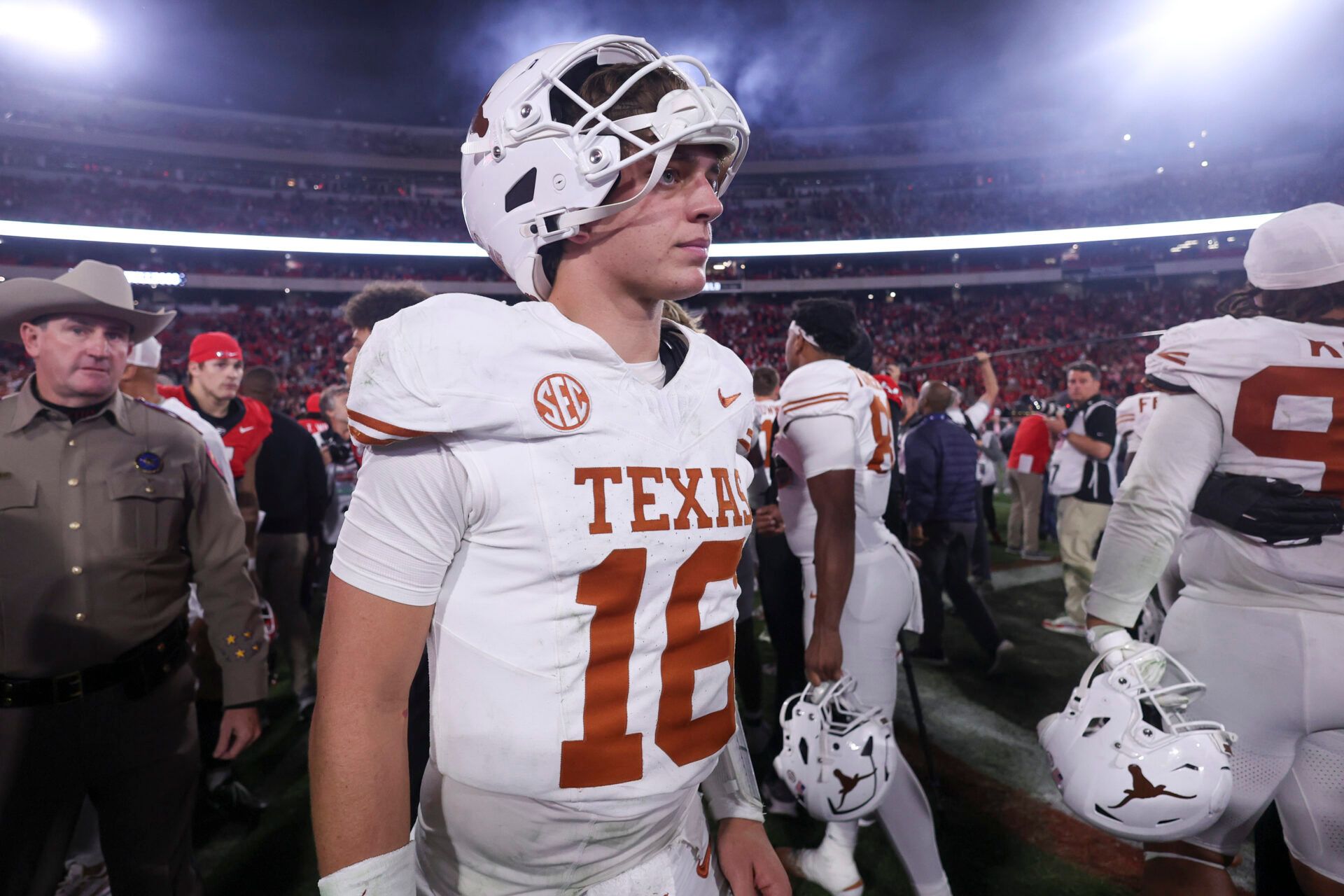 Texas Longhorns quarterback Arch Manning (16) looks on after a game against the Georgia Bulldogs at Sanford Stadium.