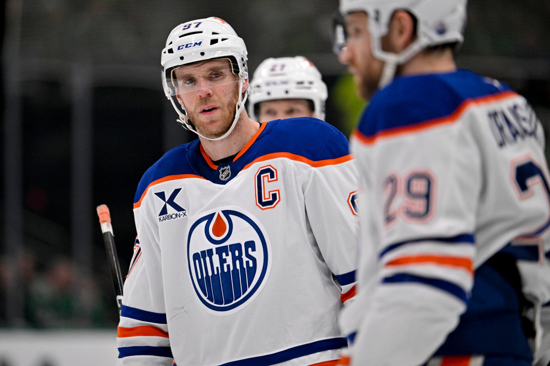 Edmonton Oilers center Connor McDavid (97) and center Leon Draisaitl (29) prepare to go on the power play against the Dallas Stars during the first period at the American Airlines Center.