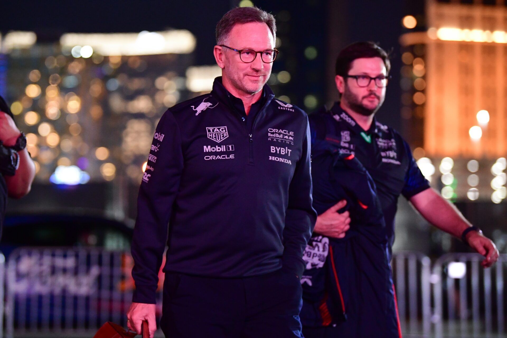 Red Bull Racing team boss Christian Horner arrives before practice at Las Vegas Strip Circuit.